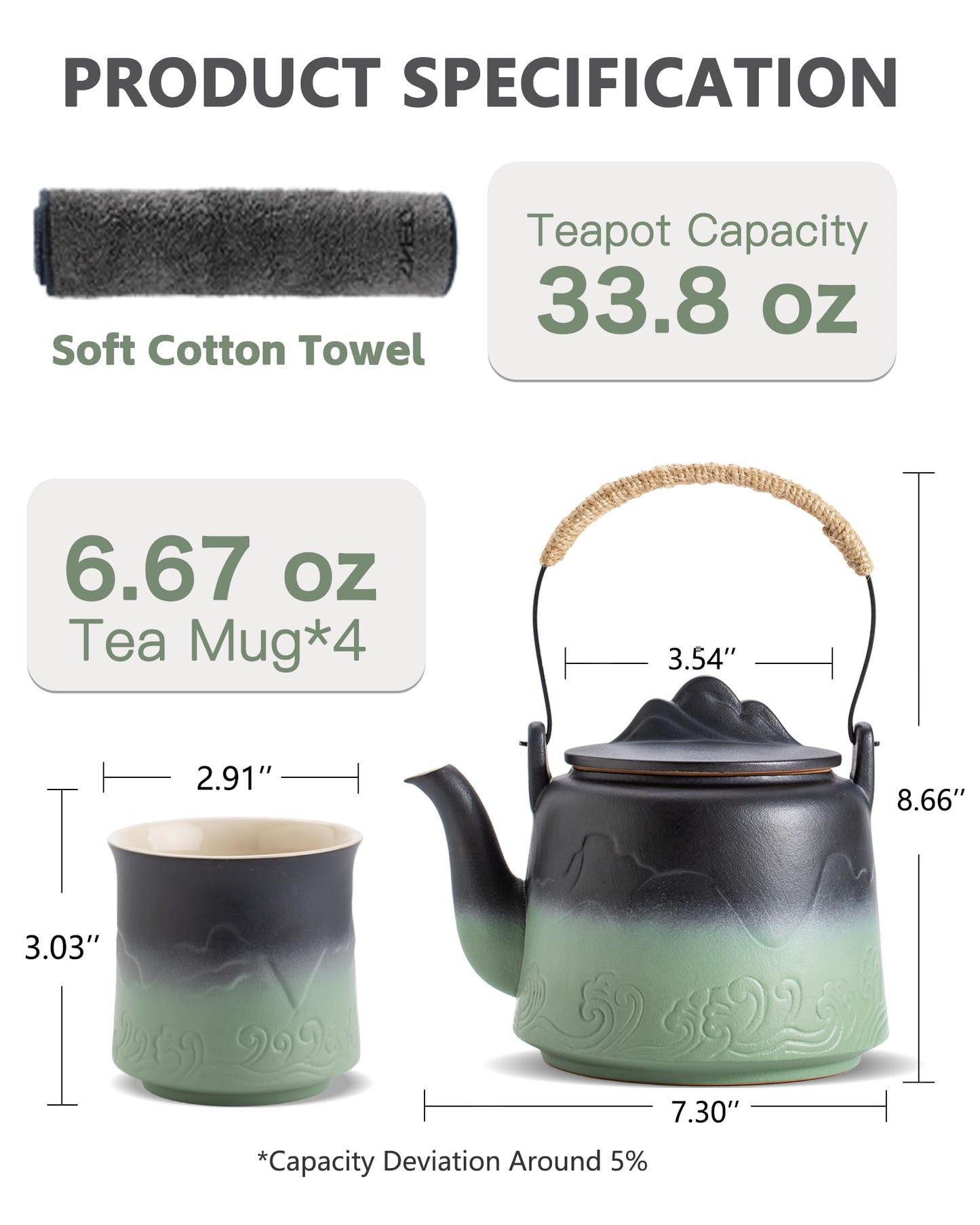 ZENS Vintage Japanese Tea Set with 4 Tea Cups, 33.8 oz Embossed Ceramic Loose Leaf Teapot with Built-in Strainers for Tea Steeper, Hemp Rope Handle Gradient Japanese Tea Pot for Tea Lovers Gifts