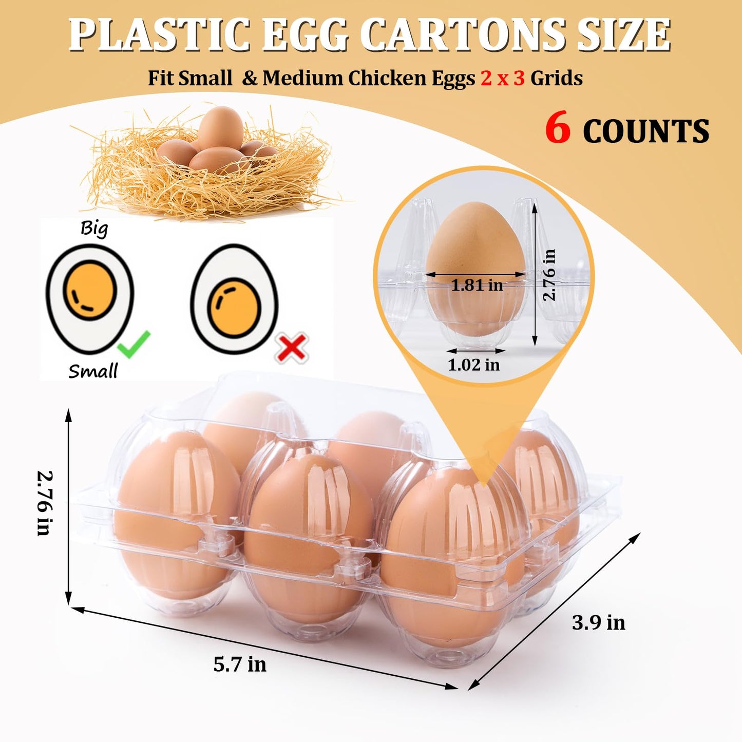 APOCHON 200PCS Clear Plastic Egg Cartons 6 Count,Half Dozen Egg Cartons Cheap Bulk for Chicken Eggs,Reusable Egg Holder for Family,Pasture,Farm Markets Display - Medium Egg Containers 2x3 Grids