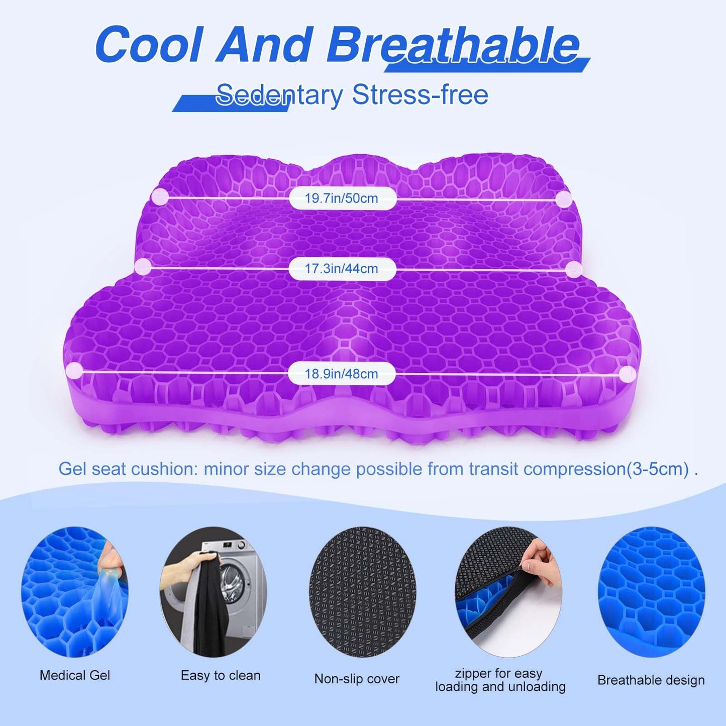 Airllantry Thicken 19.7in Seat Cushion, Gel Seat Cushion for Long Sitting–Office Chair, Wheelchair, Car Pad, Large Cooling Support Pad for Back Pain, Sciatica, Tailbone Pain Relief