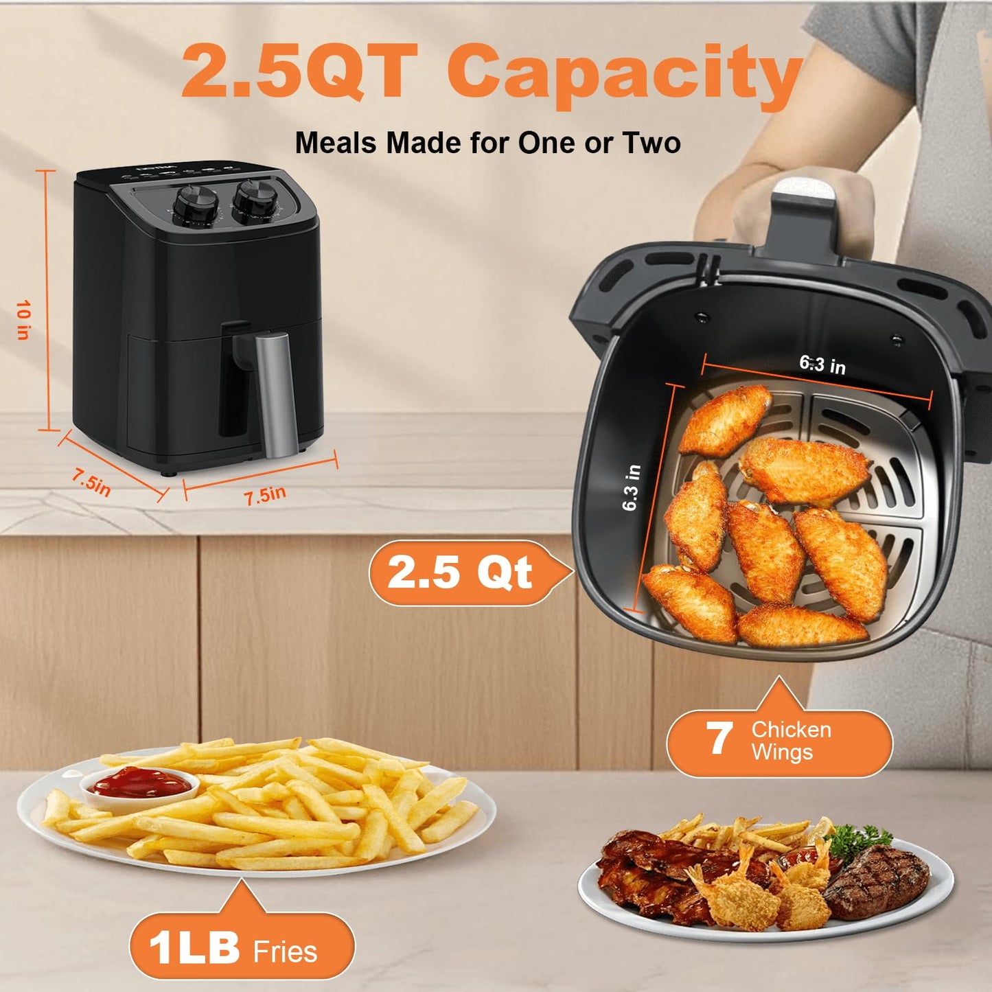 OSTBA 2.5QT Small Air Fryer for 1–2 People, Compact Mini Air Fryer with Dual Knob Temperature & Timer Controls, 6 Cooking Guides, Space-Saving Design, Nonstick Dishwasher-Safe Basket