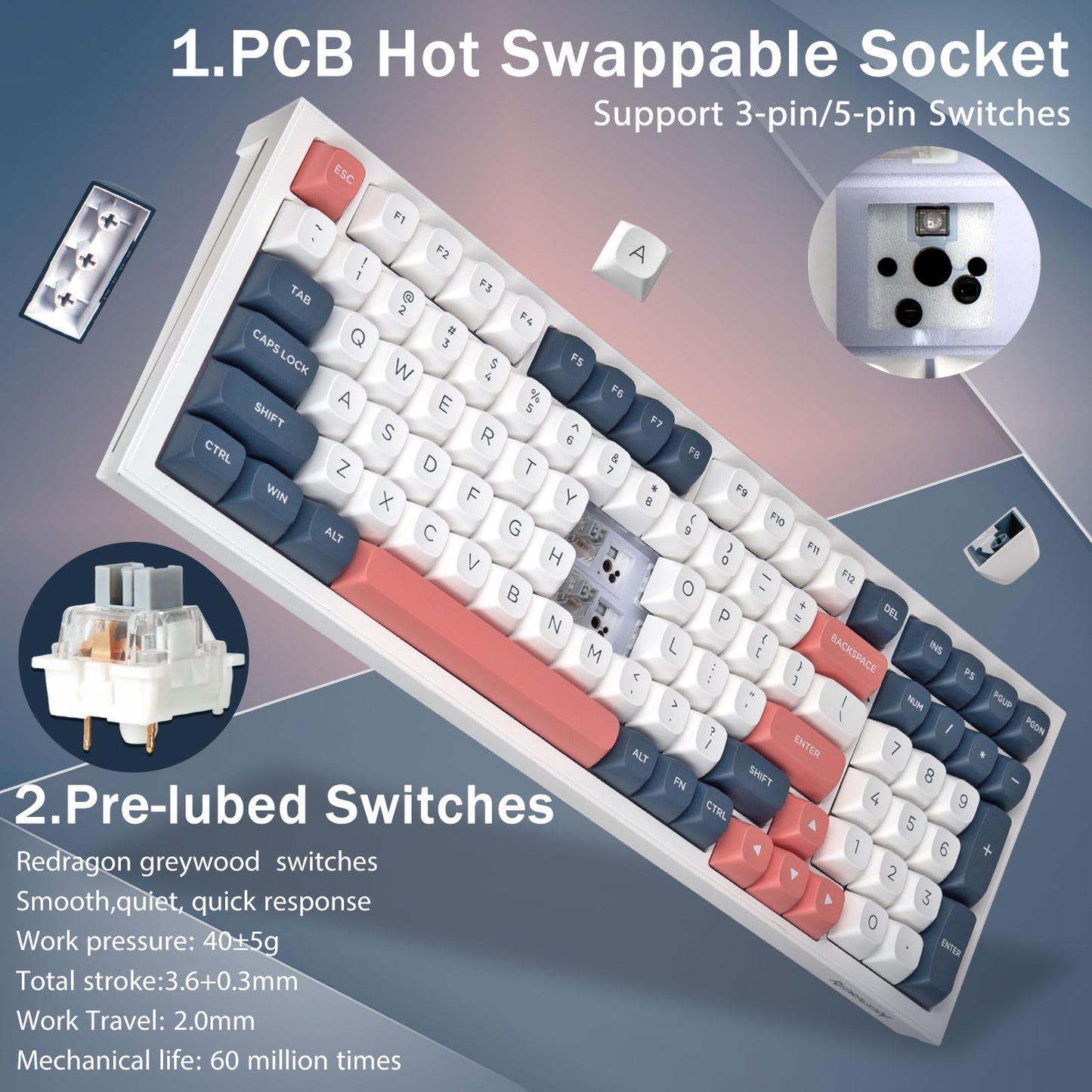 Redragon K723 Creamy Mechanical Gaming Keyboard Wireless, Hot Swappable Pre-lubed Linear Switches Gasket Design, Tri-Mode BT5.0/2.4GHz/USB-C, RGB Backlit for PC/Mac/PS/Xbox, White Blue