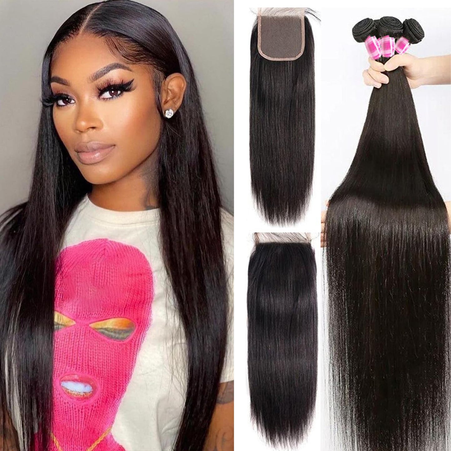 PINJUOO Straight Human Hair Bundles with Closure Raw Indian Hair 3 Bundles and Closure (20 22 24+18 Inch) 100% Unprocessed Virgin Human hair Bundles with 4X4 Lace Closure Natural Color for Women