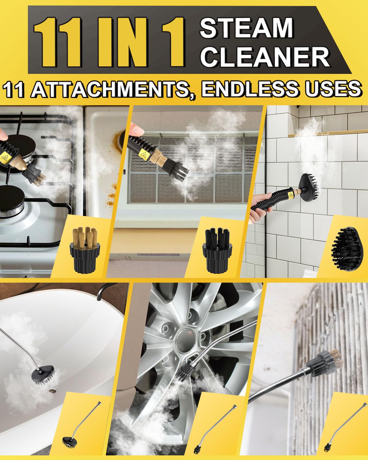 Heavy Duty Steam Cleaner for Home, Fast Heating & 1.2L Tank Handheld Steam Cleaner, 6-Level Adjustable Pressurized Steamer for Cleaning with 11 Accessories for Car, Grout, Tile, Floor and More(Yellow)