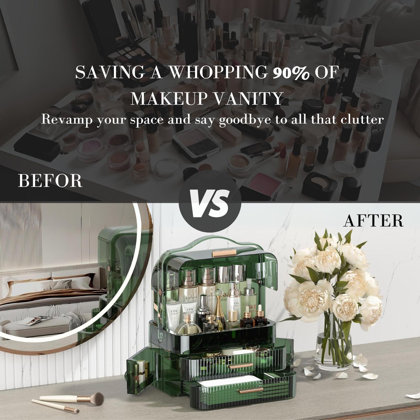 LINFIDITE Cosmetics Storage Box Transparent Lid Large Makeup Organizer Box Drawers Portable Handle Waterproof Dustproof Skincare Display Cases for Countertop, Bathroom, Dresser,Gift Clear Green