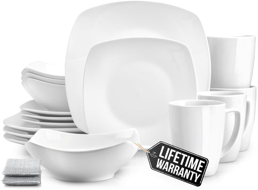 Zulay Kitchen Luna Plates and Bowls Sets, 16 Piece Modern Porcelain Dish Set for 4, Chip and Scratch Resistant Square Dinnerware Set, Microwave and Dishwasher Safe, Pearl White