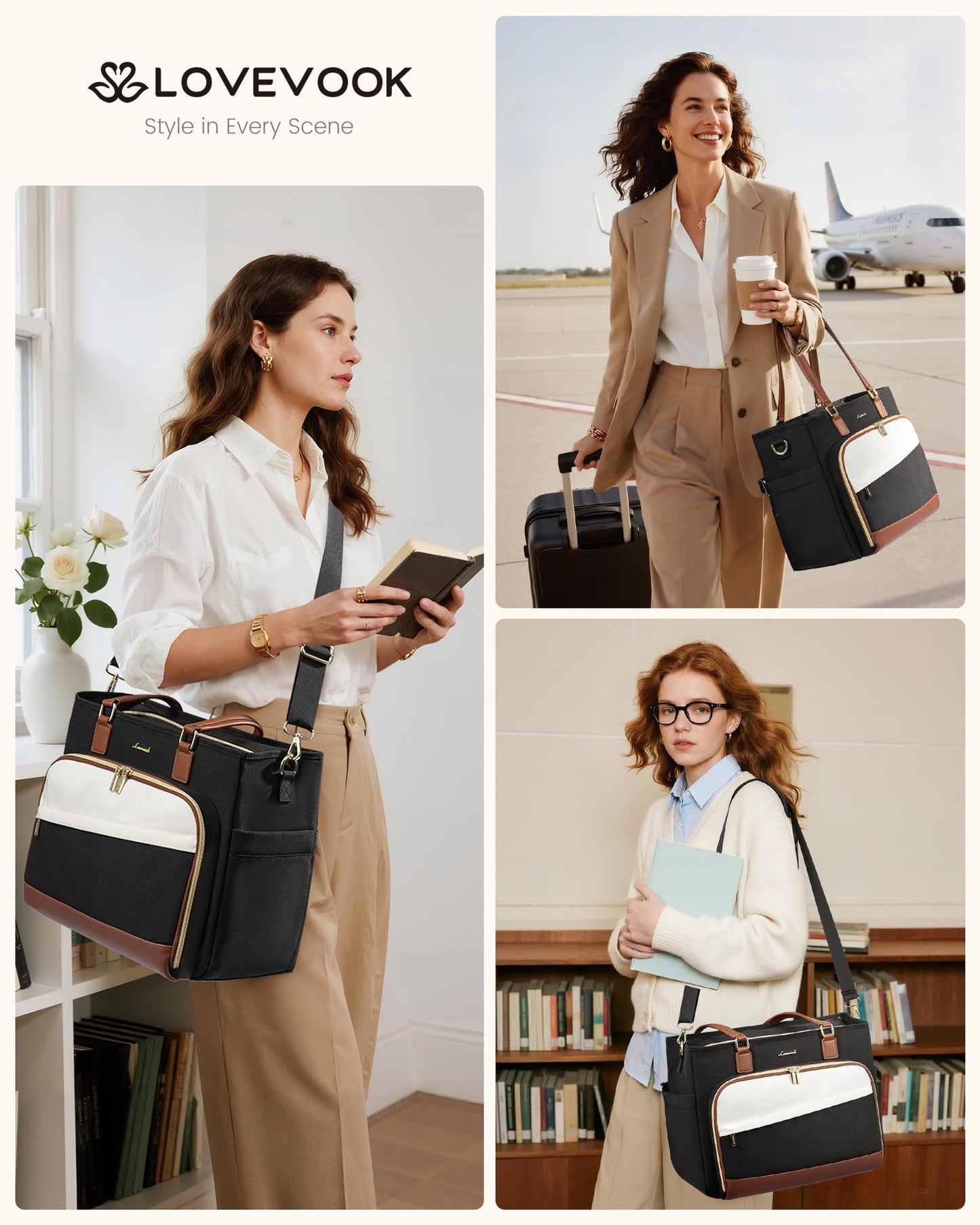 LOVEVOOK Teacher Tote Bag, 15.6 Inch Laptop Bag with Accordion File Organizer & Large Cup Holder, Professional Waterproof Nurse Work Tote Bag for Office & Business, Black-Beige-Brown