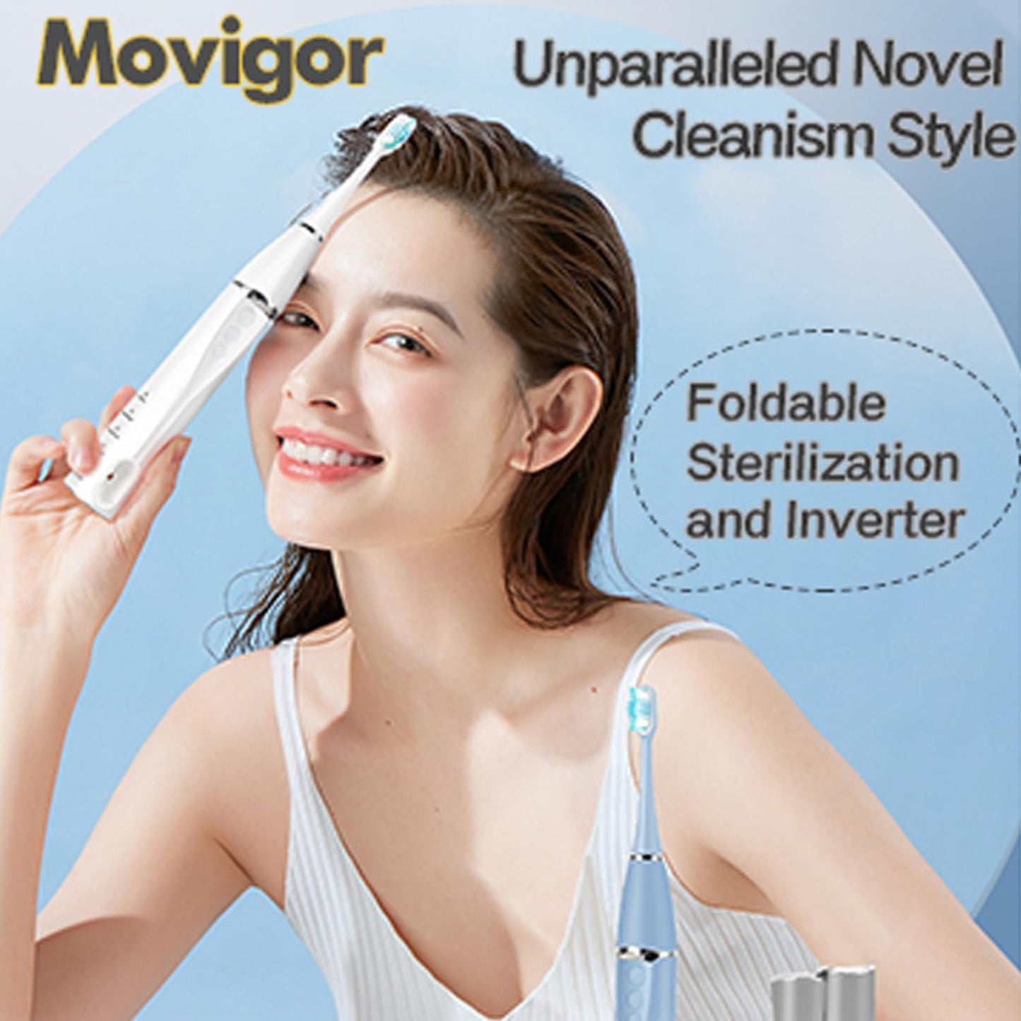 Ultra-Portable Foldable Electric Toothbrush with Dual UV-C/A Sanitization, 272 Personalized Modes, Last 60-90 Day Use, Leather Travel Case – Blue