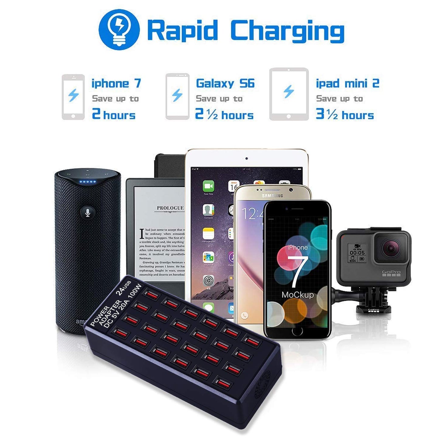 24-Port 100 watt (20 A) USB Charging Station, Home Desktop Fast Charger, Multiple Chargers, Suitable for Hotels, Shops, Schools, Shopping malls and Travel