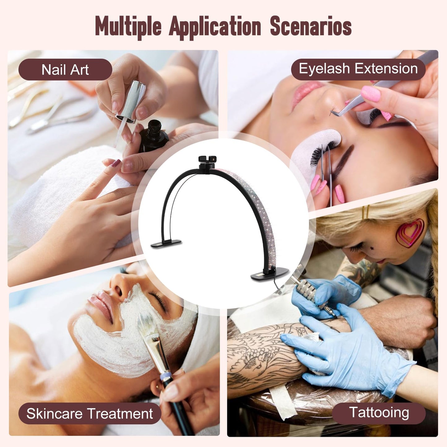 Half Moon Light for Nail Desk with Phone Holder, 28IN Folding Half-moon Lamp with Shinning Diamond, LED Light for Manicure, Eyelash Extension, Tattooing, Skin Management, Color Temperature 3000-6500K
