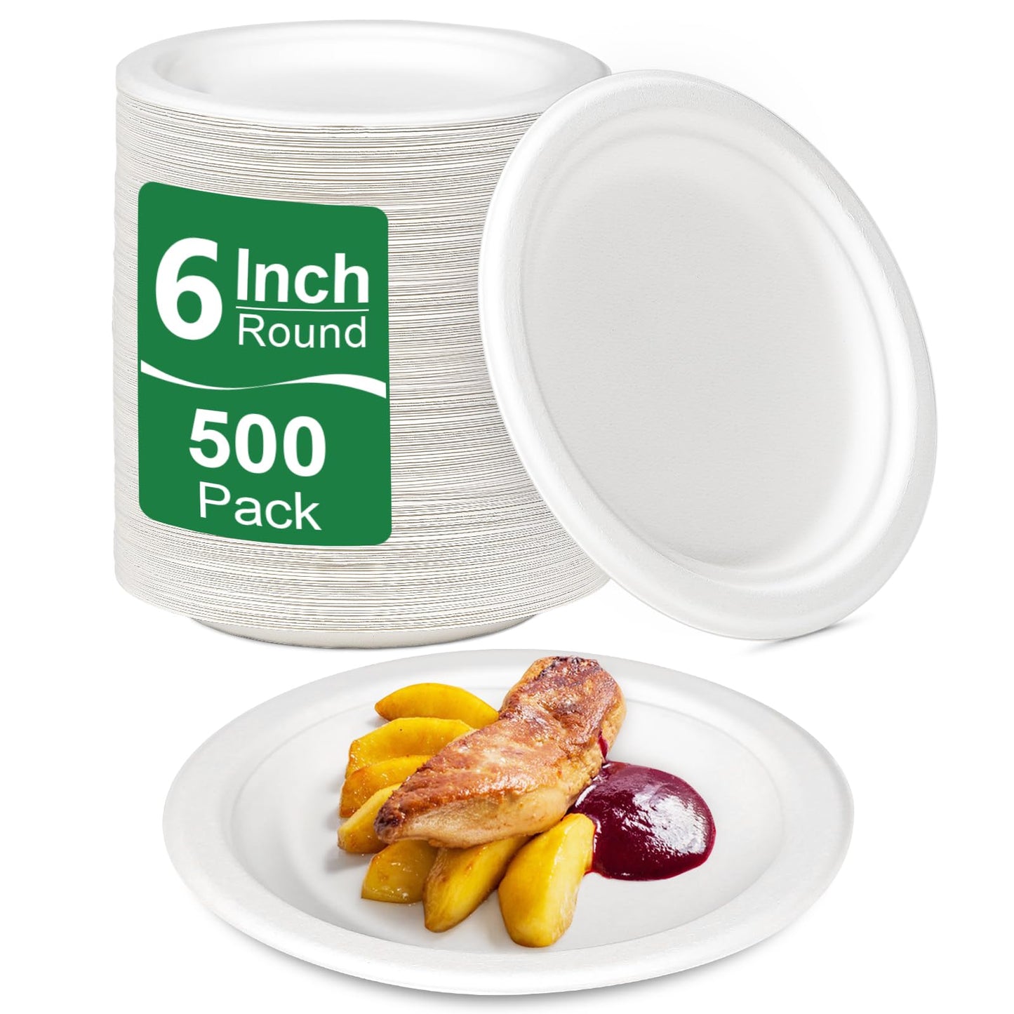 Uniecocus Small Plates Disposable, 6 Inch Paper Plates Bulk Heavy Duty, Compostable, White, 500 Count