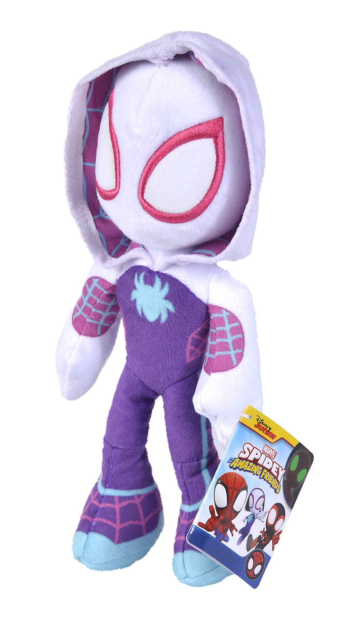 Disney Spiderverse Ghost Spider Action Figure Soft Toy with Glow in The Dark Eyes, Multicolor, One Size, 25 cm