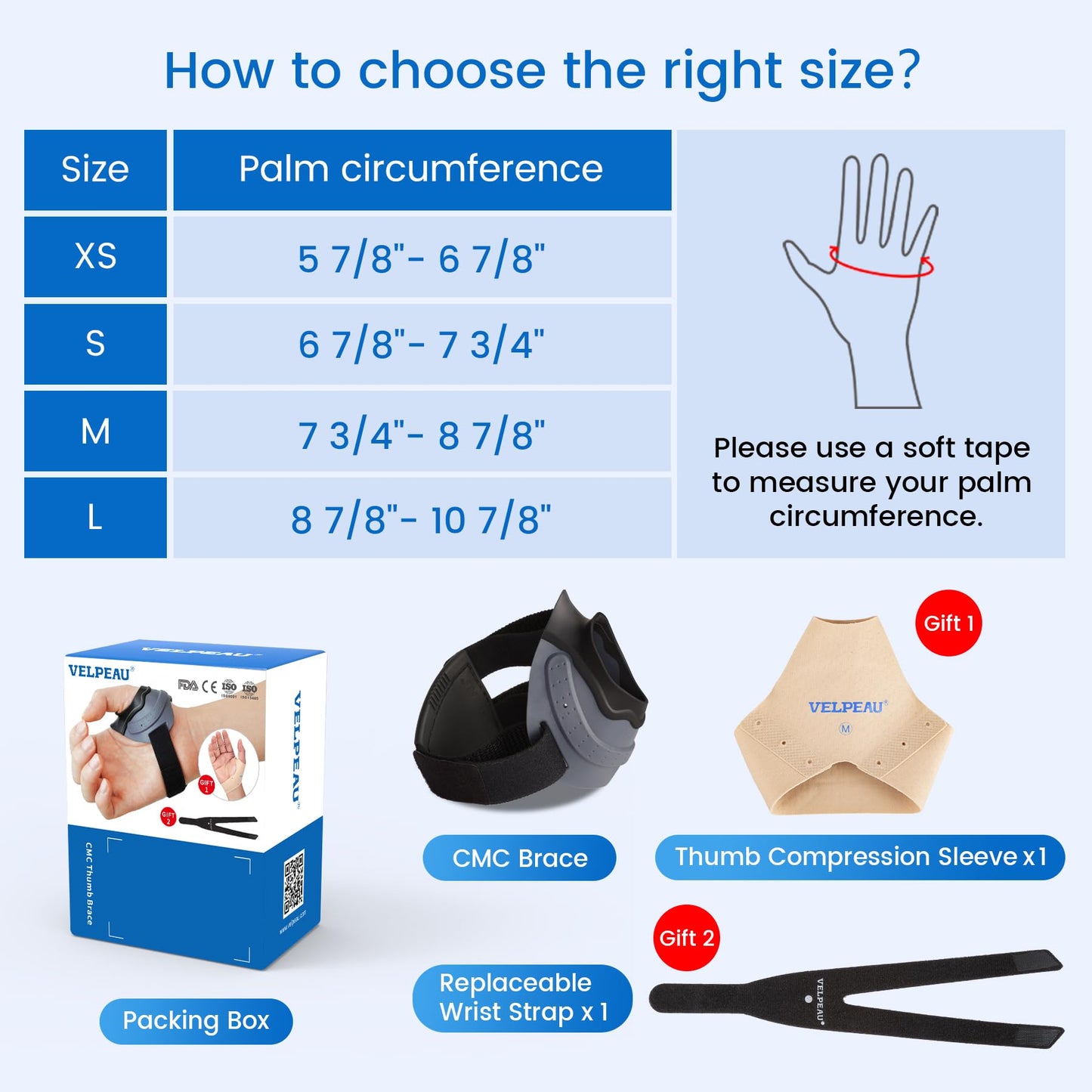 Velpeau CMC Thumb Brace for Arthritis Pain and Support, with High Elasticity and Anti Slip Wrist Strap, Comfortable Thumb Splint Stabilizer for Osteoarthritis for Women and Men (Grey, Right Hand, M)