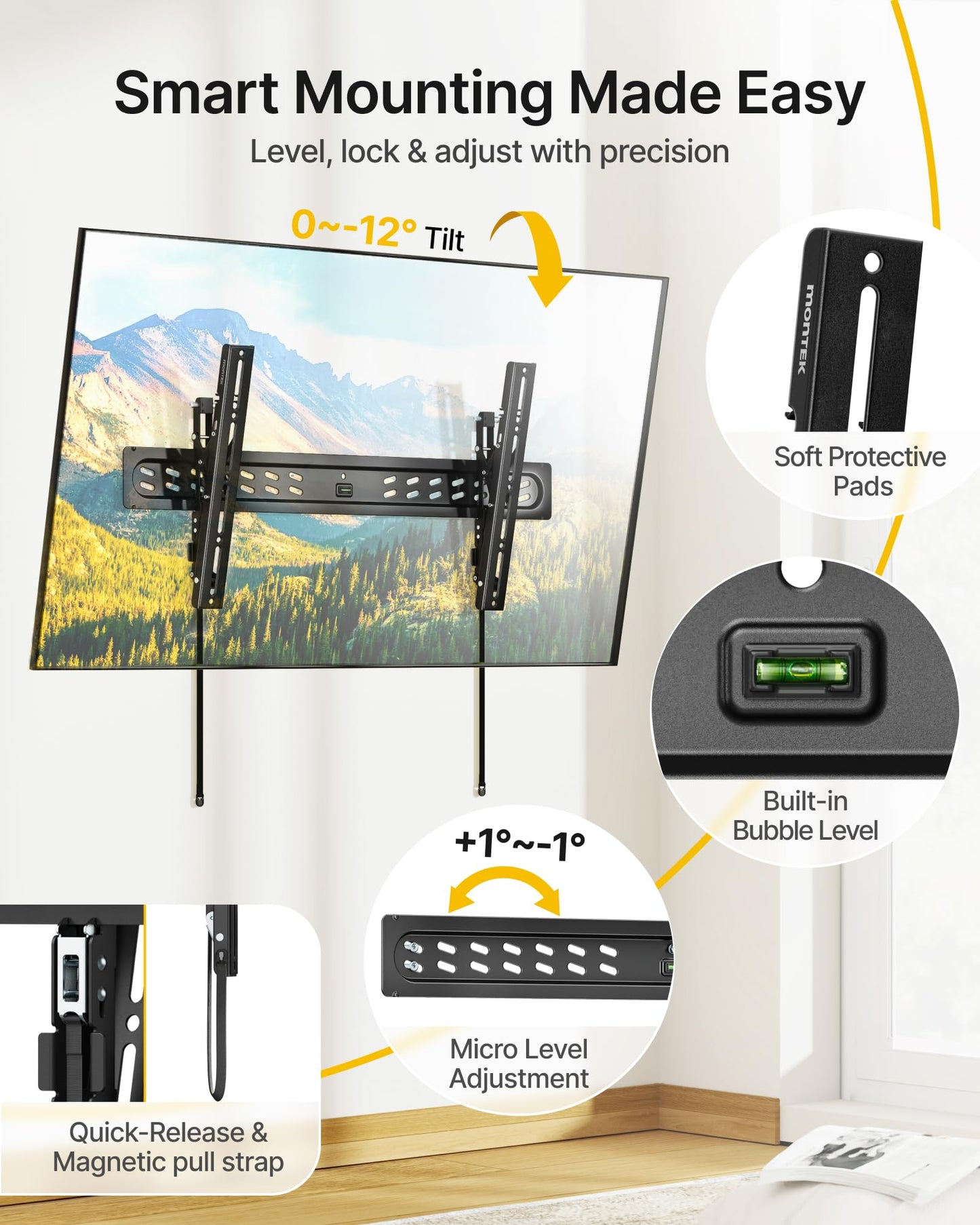 monTEK Ultra Slim Tilting TV Wall Mount Bracket for 43–95" Flat & Curved TVs, 1.2" Low Profile, Anti-Glare Tilt, Holds 150 lbs, Supports VESA 800x400, Fits 16"/18"/24"/32" Studs