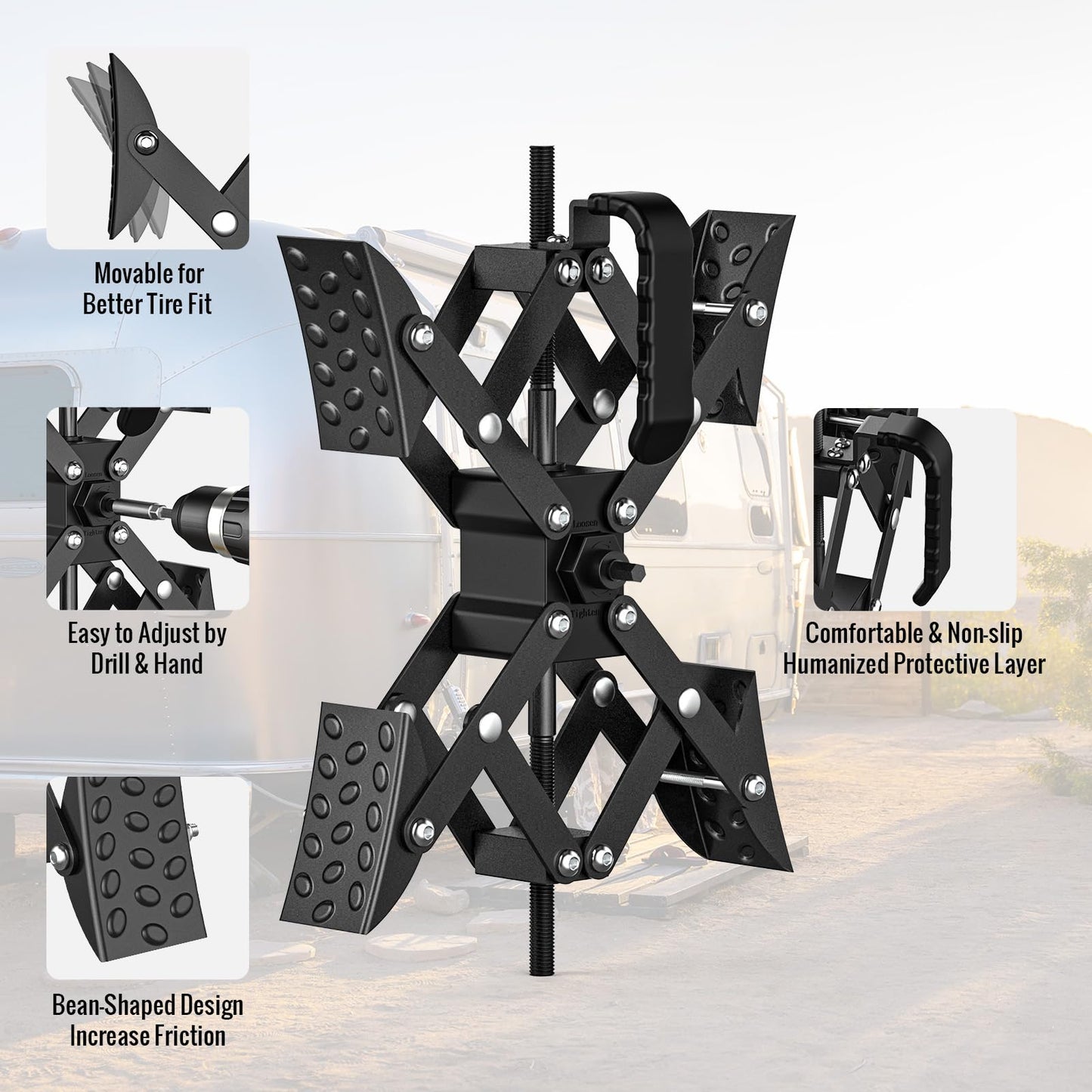 AUH X-Shaped RV Stabilizer Wheel Chock (Allows Drilling for Adjustment) Travel Trailer Stabilizers, Anti-Motion Tire RV Accessories for Tandem Axle RV Trailer Camping - 2 Pack (Black)