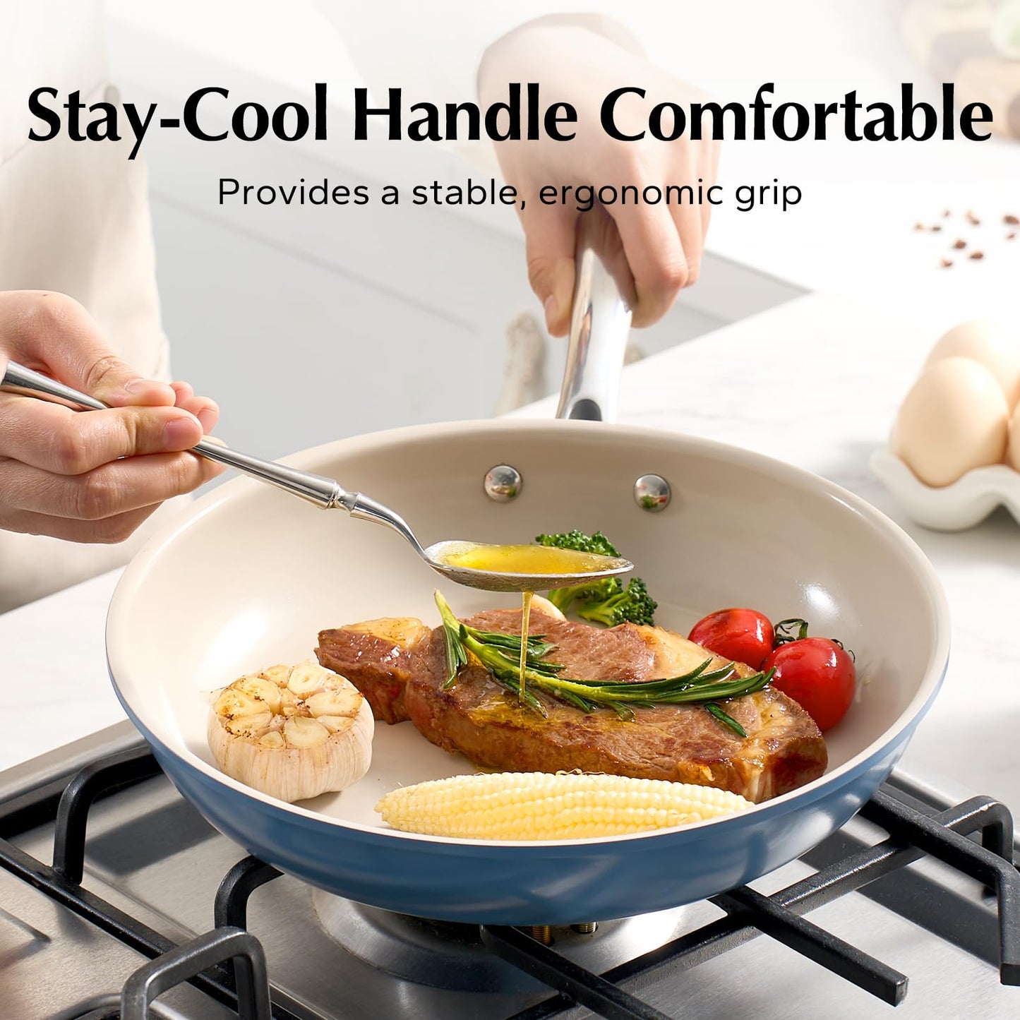 Redchef Nonstick Frying Pan Skillet, Ceramic Non-Stick Saute Pans, 11 inch Cooking Fry Pan with Stay Cool Handle, All Stovetops (Gas, Electric & Induction), Dishwasher/Oven Safe, PFAS-Free (Blue)