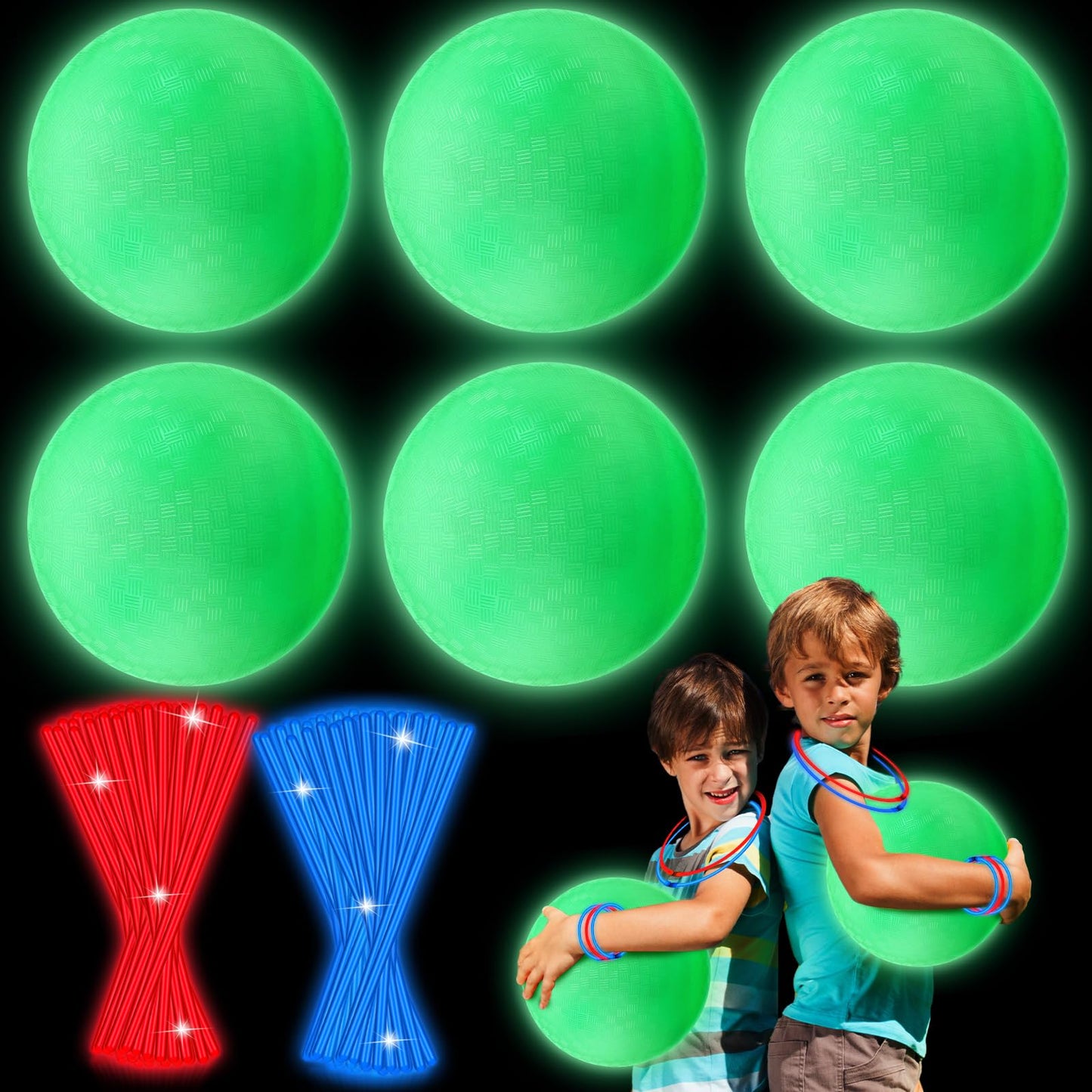 Hiboom 110 Pcs 10 Inch Glow in The Dark Kickballs Dodgeballs Set Includes 6 Pcs Playground Ball with Pump 100 Glow Sticks Storage Bag for Playground School Backyard Game Outdoor Indoor Games