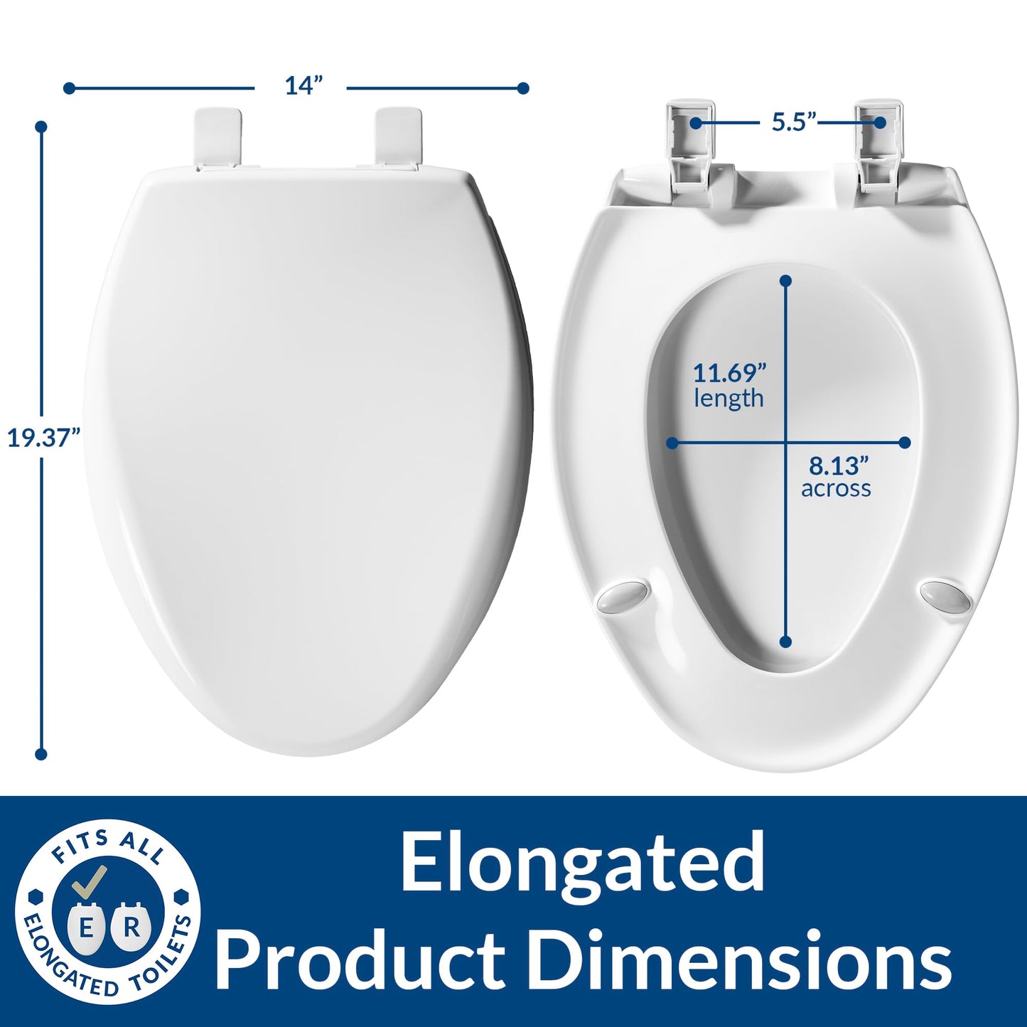 Bemis Aurora Slow Close Toilet Seat, Easy Clean Hinges and Adjustable Perfect Fit Plastic Seat, Made in USA, Elongated, White