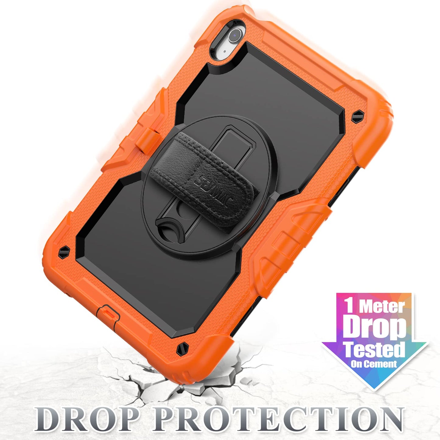 SEYMAC stock Case for iPad 10th Generation 10.9'', Full-Body Drop Protection Case with Screen Protector &360° Rotate Hand Strap/Stand, Black+Orange