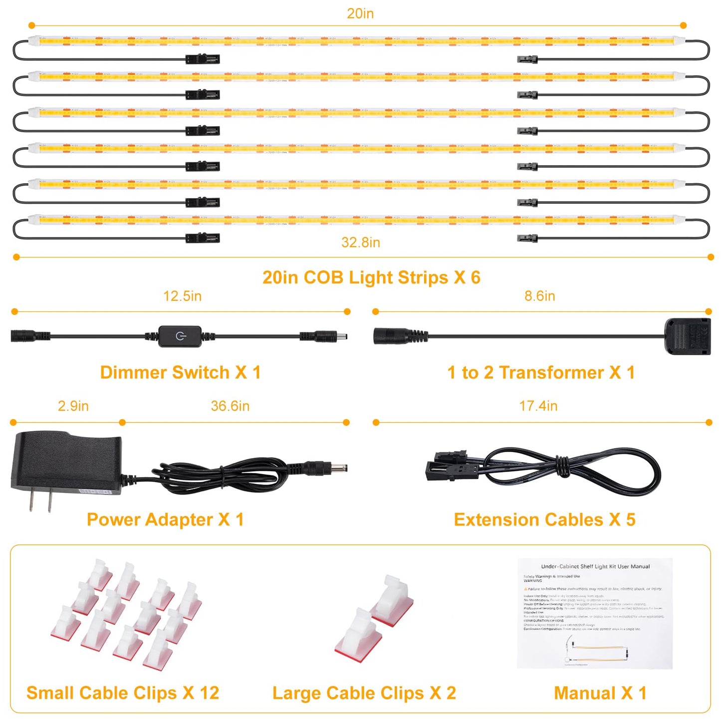JUSJUBR Shelf Lights, 6 PCS 20 Inch Dimmable Flexible COB LED Light Strips, Warm White 3000K, LED Under Cabinet Lights for Display Case, Bookshelf, Kitchen, Wardrobe and Closet