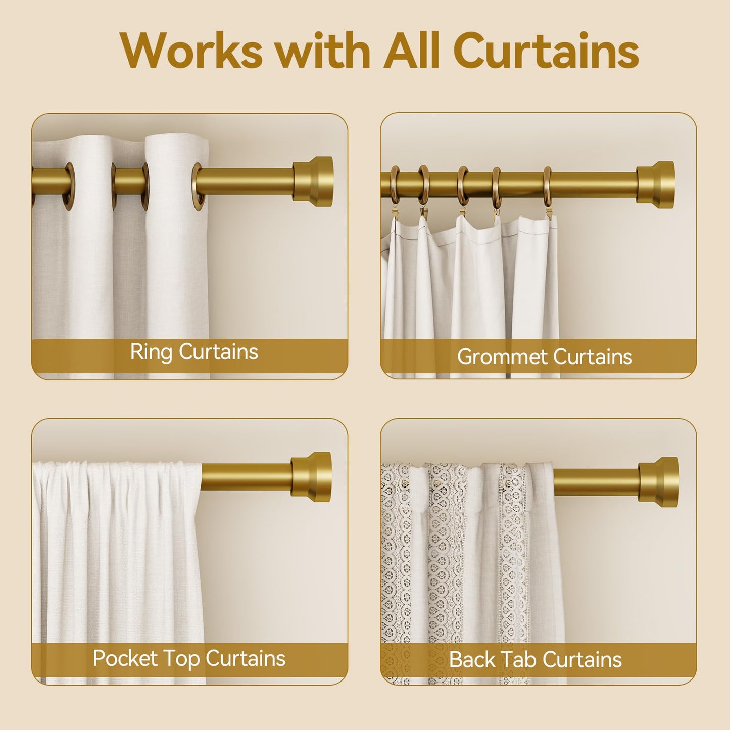 YaFex Curtain Rods 2 Pack 32-84 Inch, Heavy Duty 1 Inch Curtain Rod, Gold Long Adjustable Window Treatment Rods, Modern Design, Easy Installation