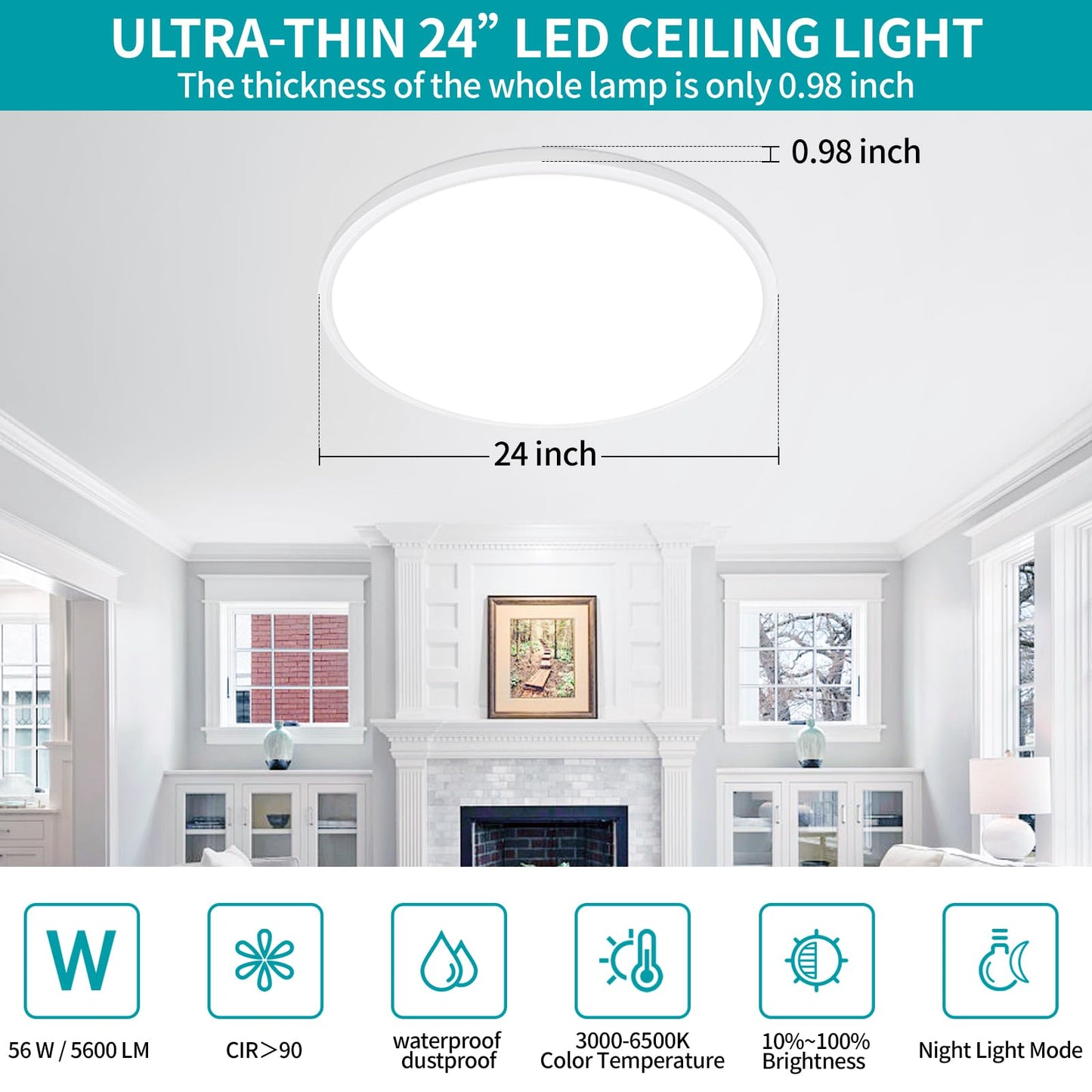 Glowall 24 Inch Led Flush Mount Ceiling Light Fixture, Ultra Thin, Dimmable with Remote Control, 56W, 5600 Lumen, Modern, Round, White, for Kitchen, Dining Room, Bedroom, Living Room, Home Office