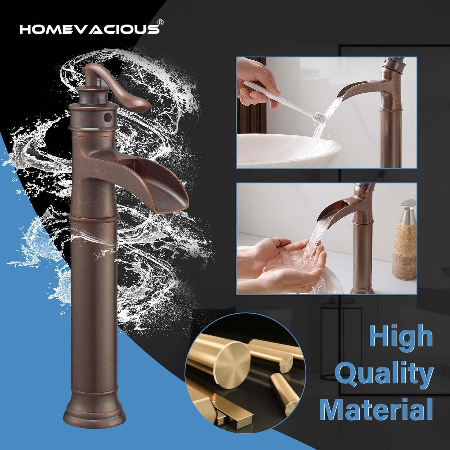 Vessel Sink Faucet Copper Tall Bathroom Faucets Waterfall Single Handle 1 Hole Farmhouse Antique with Pop up Drain Assembly and Supply Lines Mixer Tap Without Overflow Counter Top