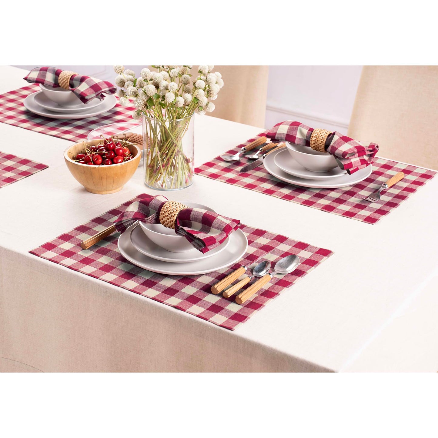 Solino Home Linen Napkins Set of 4-100% Pure Linen Beet and Cream Dinner Napkins 20 x 20 Inch for Summer, 4th of July - Morgan Check
