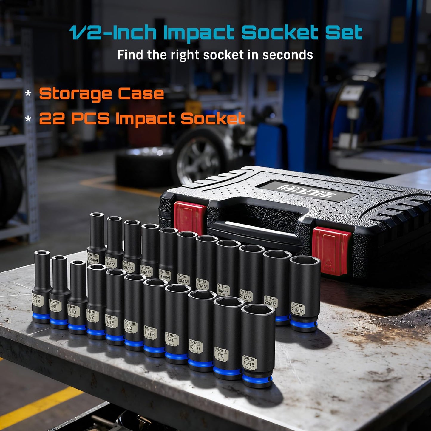 1/2" Drive Deep Impact Socket Set, SAE & Metric Sockets (5/16"-15/16" & 10-24mm), Professional CR-MO Steel, 6-Point for Impact Wrench, Automotive & Truck Repair Tool Kit