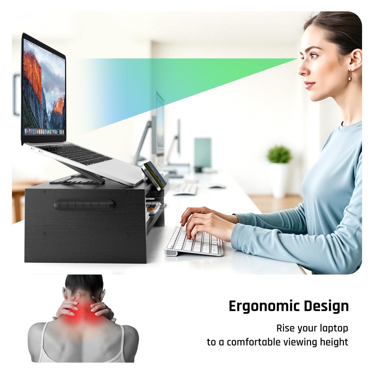 AFOOYO Adjustable Wood Laptop Stand, Ergonomic Height Angles Computer Holder Riser for Desk Compatible with Air, Pro, Dell, HP, Lenovo More 10-17.3" Laptops, Black