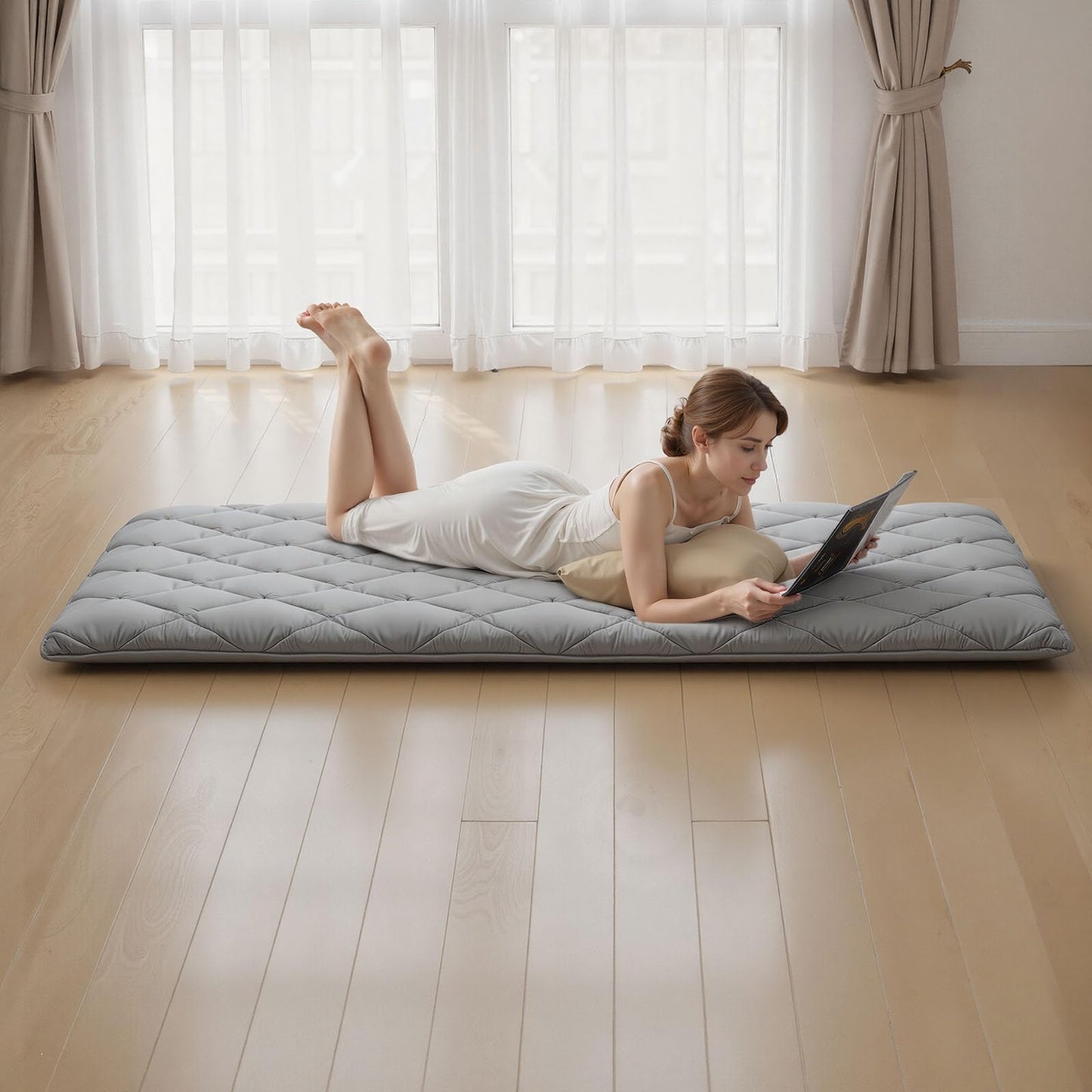 VEVOR Japanese Floor Mattress Twin, 3.5" Thick Futon Mattress, 100% High Density Comfortable Foam, Foldable Tatami Mat with Storage Bag, Sleeping Pad for Camping Dormitory Yoga, Gray