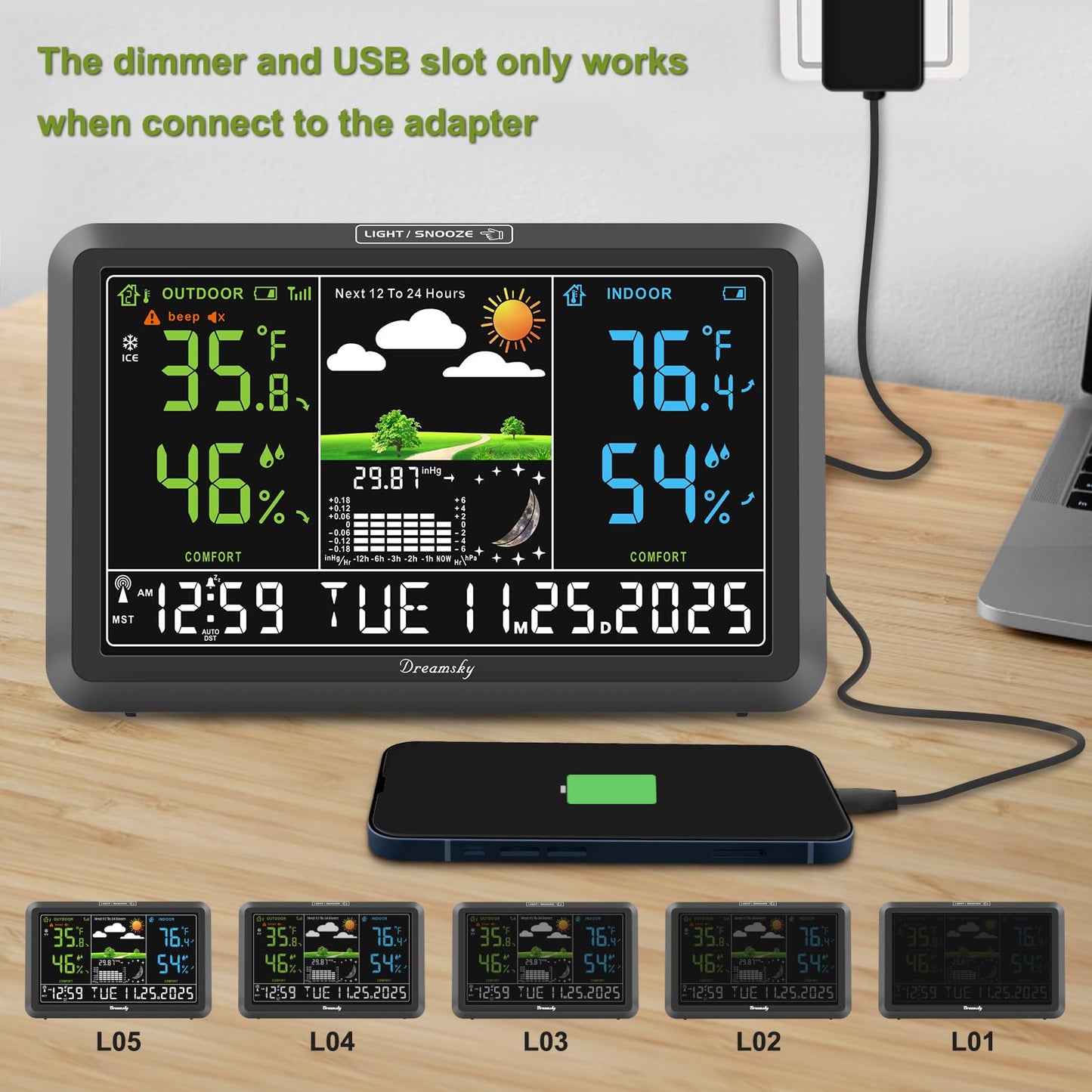DreamSky Weather Station Indoor Outdoor Thermometer Wireless with Digital Atomic Clock for Home, Large Display with Dimmer, USB Port, Inside Outside Temperature Humidity Monitor (Plug-in)-2 Sensors