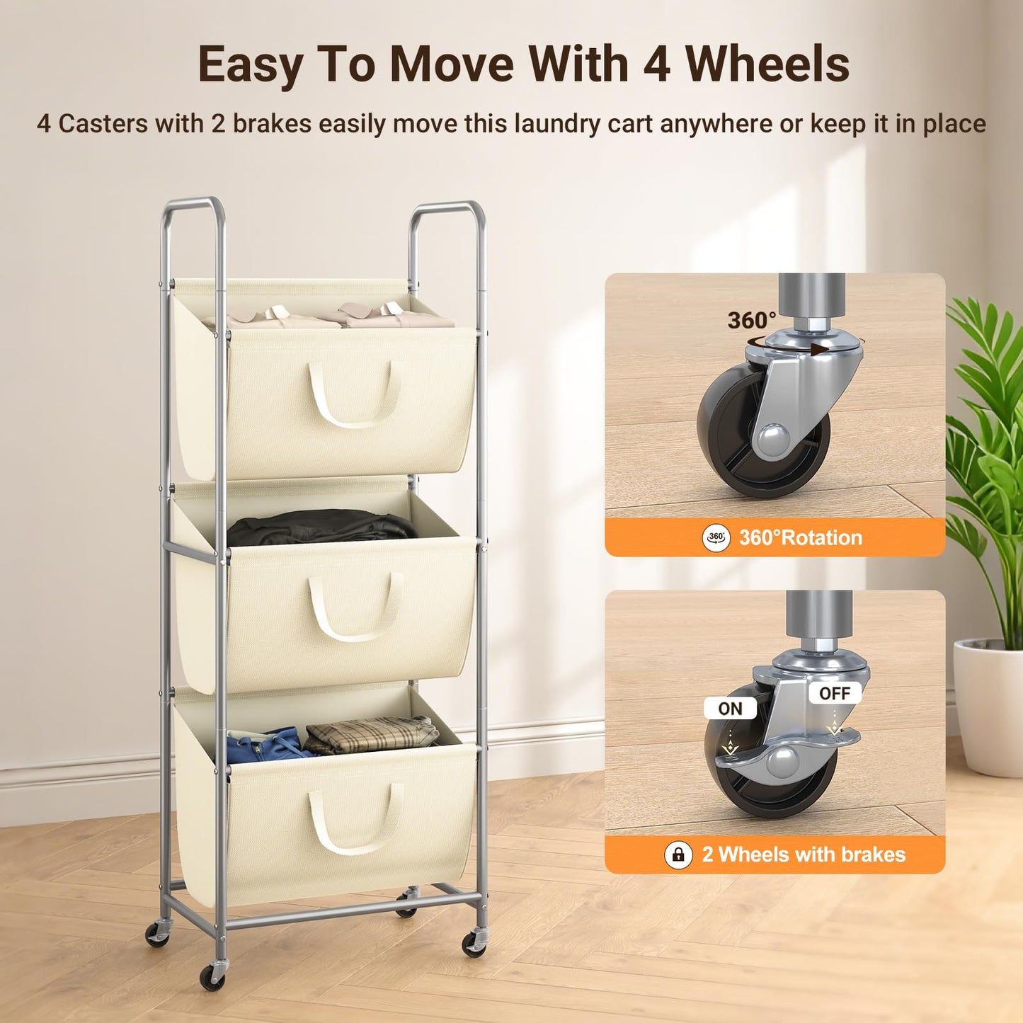 ELYKEN 120L Vertical Rolling Laundry Hamper with Removable Bags, 3 Section Laundry Baskets with Wheels, Space-Saving 3 Tier Laundry Sorter for Small Spaces, Dorm, Bedroom, Bathroom, Laundry Room