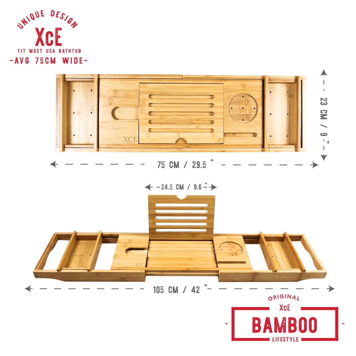 XcE Bathtub Caddy Tray Expandable to 105cm with Bamboo Book Stand and Soap Tray, Natural