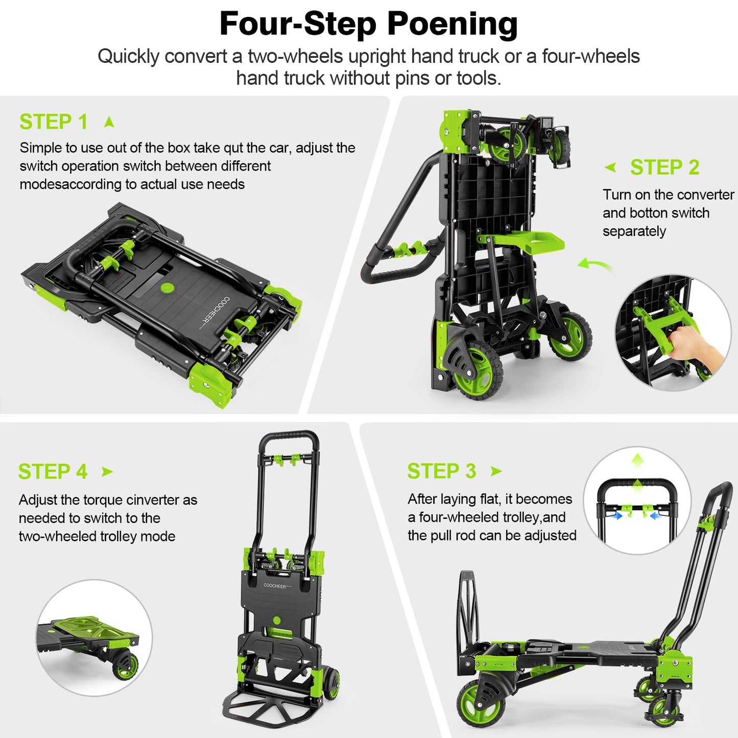 330LB Folding Hand Truck Moving Dolly, Hand Trucks Heavy Duty Combination of 4 Wheels and 2 Wheels Convertible Dolly Cart with Retractable Handle Dolly for Moving Office Carts(Green)