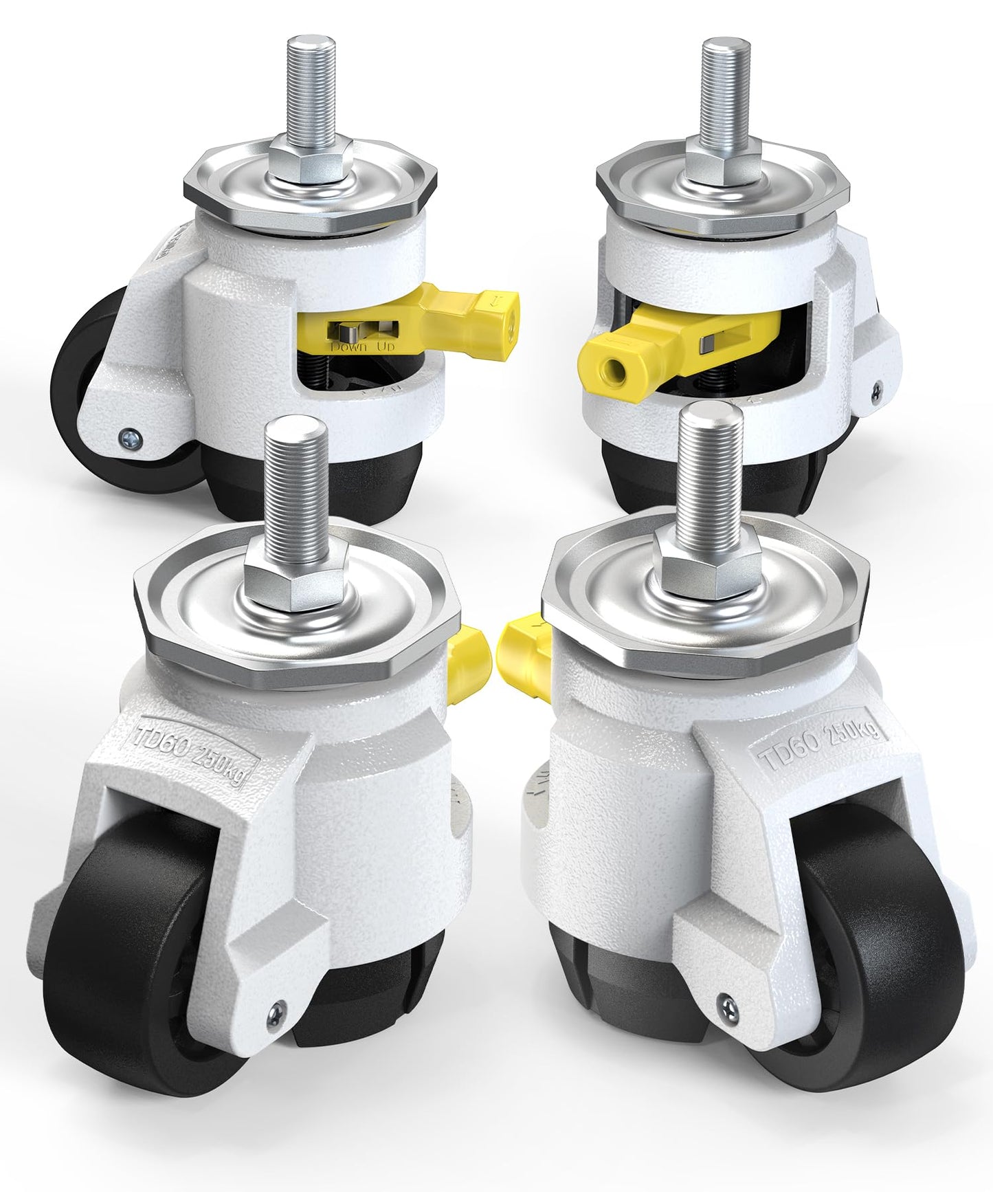 HOLKIE Leveling Stem Casters Set of 4 Heavy Duty Retractable Caster Wheels, 1/2" and M12 Stem Size, Total Capacity 2200 Lbs, Adjustable Wheel with Ratchet Handle for Workbench, Machine, Equipment