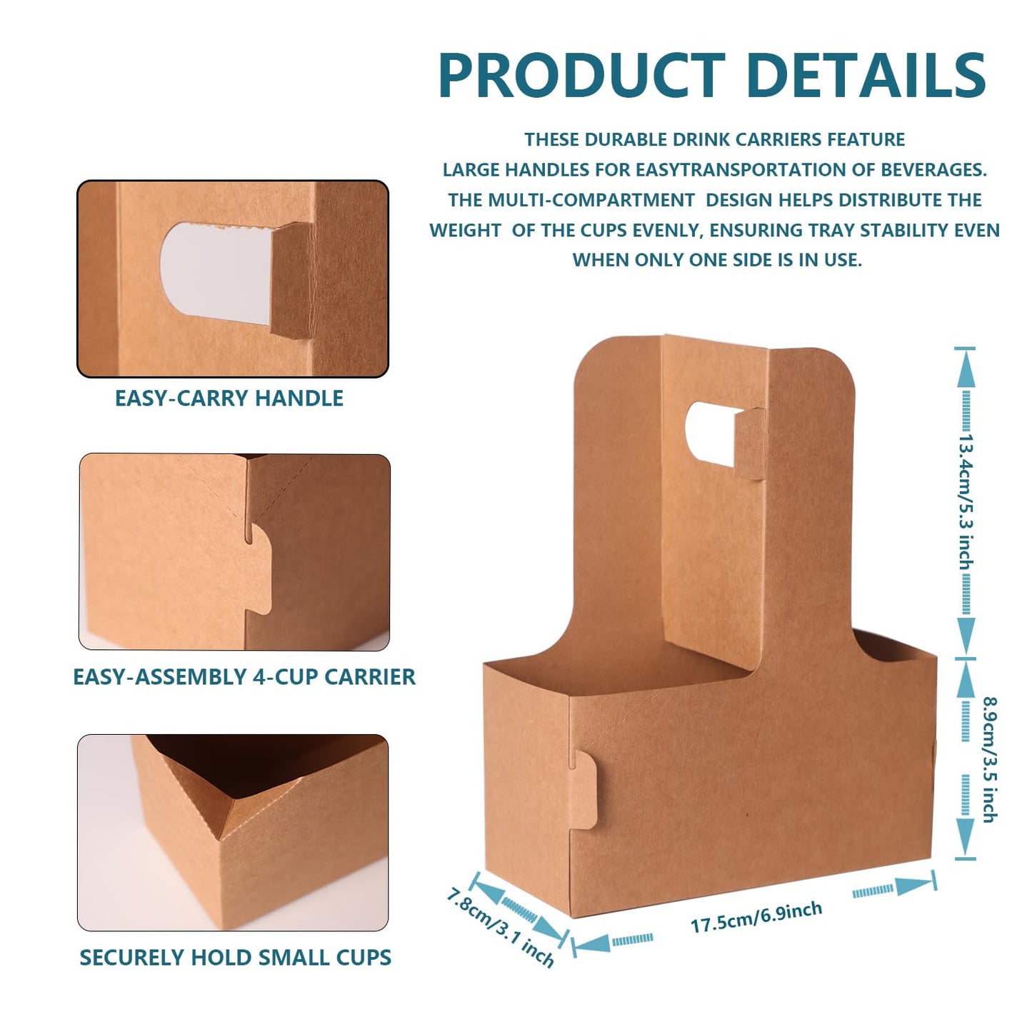 BKISVWCSop 100 Pack 2-Cup/4-Cup Drink Carrier with Handle (12-30oz) | Disposable Paperboard Cup Holder | Foldable Beverage Tray for Hot/Cold Drinks, Coffee to Go, Delivery & Takeout