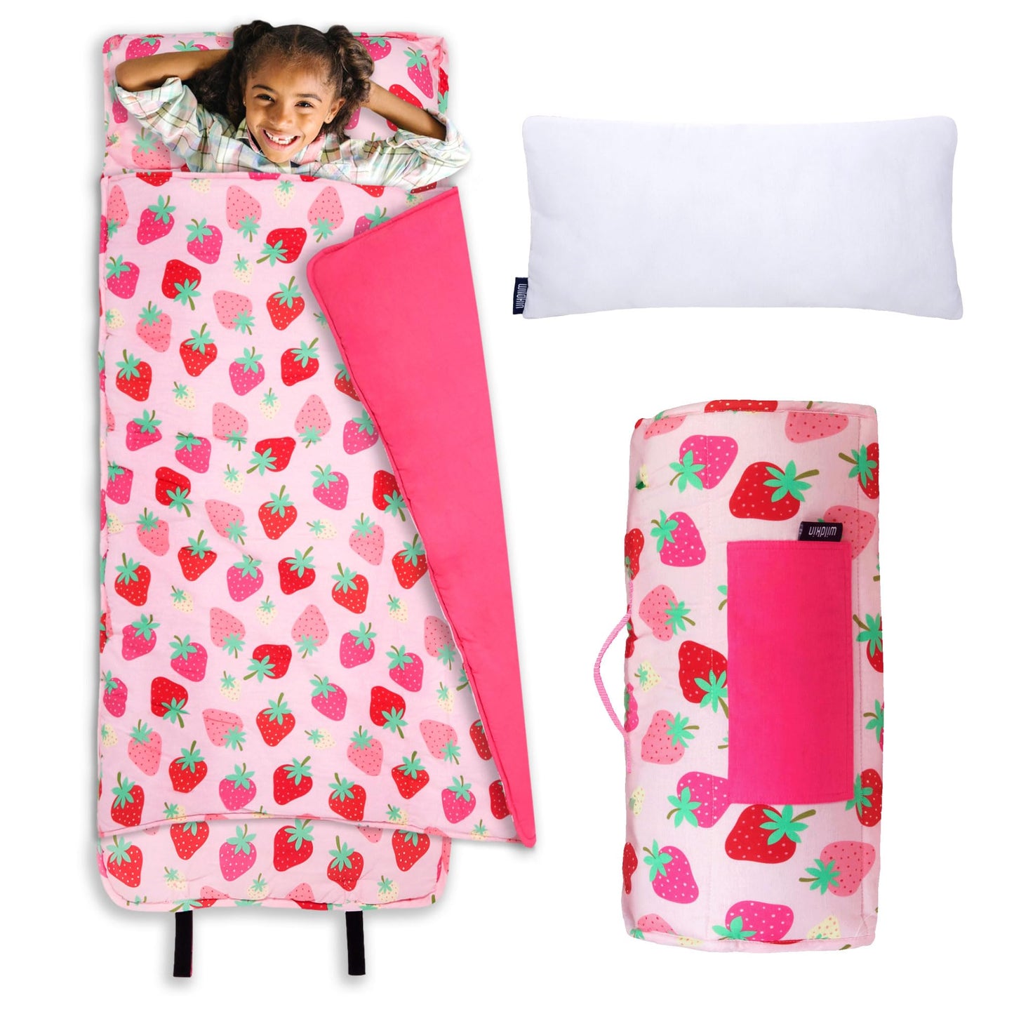 Wildkin Kids Nap Mat with Pillow for Girls – Soft & Cozy Toddler Sleep Mat for Daycare, Preschool, Kindergarten & Travel, Ages 3–7, Machine Washable – Strawberry Patch