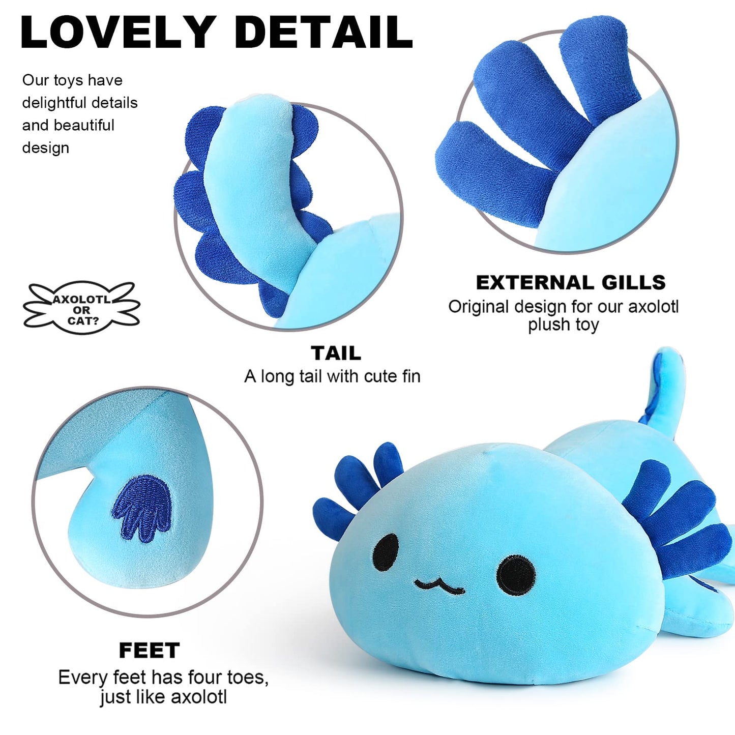 Onsoyours Cute Axolotl Plushie, Soft Stuffed Animal Salamander Plush Pillow, Kawaii Plush Toy for Kids (Blue Axolotl A, 19''), Cat, Axolotl