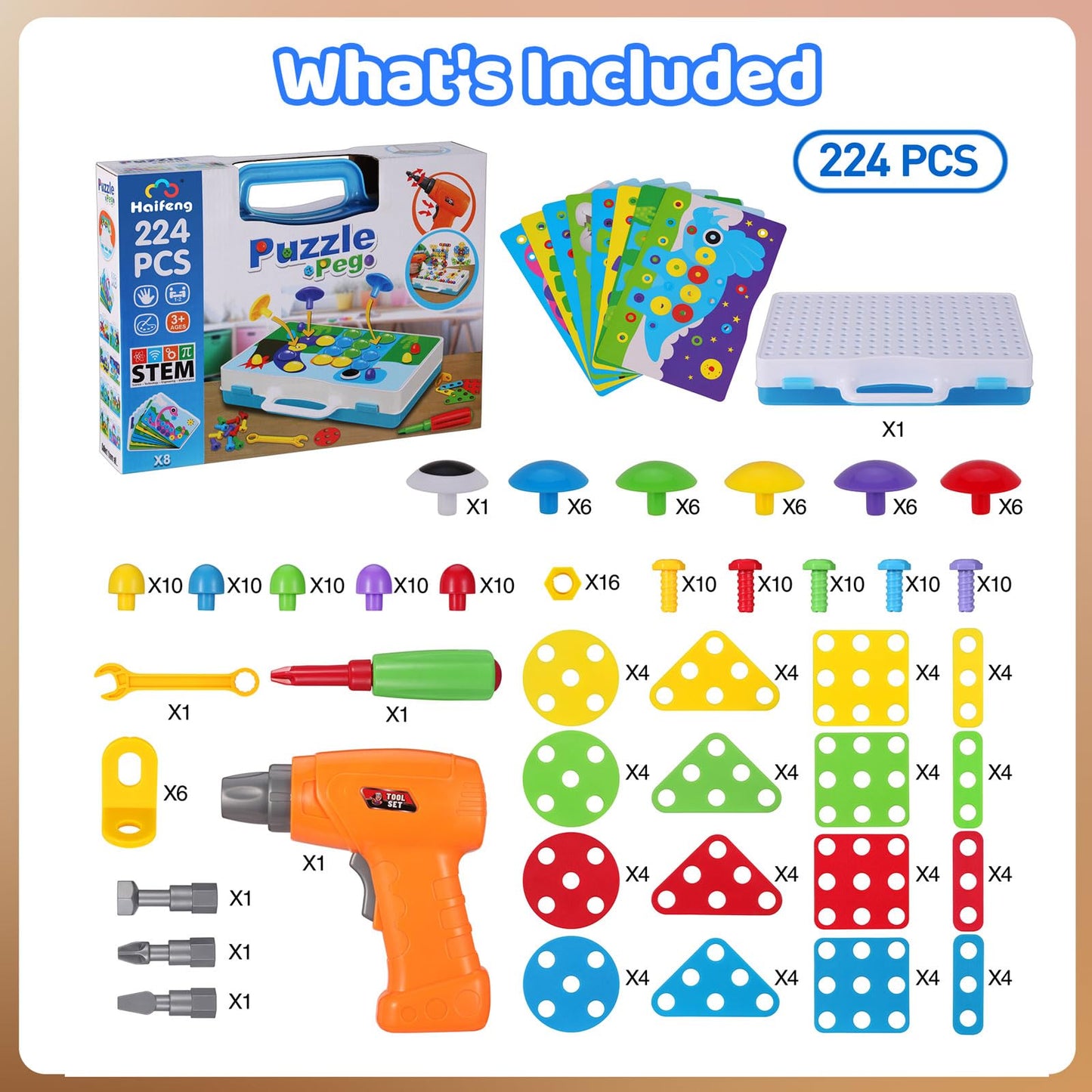 224 Piece STEM Building Set for Kids, Mosaic Drill Set Creative Puzzle Toy for Boys and Girls 4 5 6 7 8 Years Old, Design Drill Game Puzzle Block for Preschool Children Gift