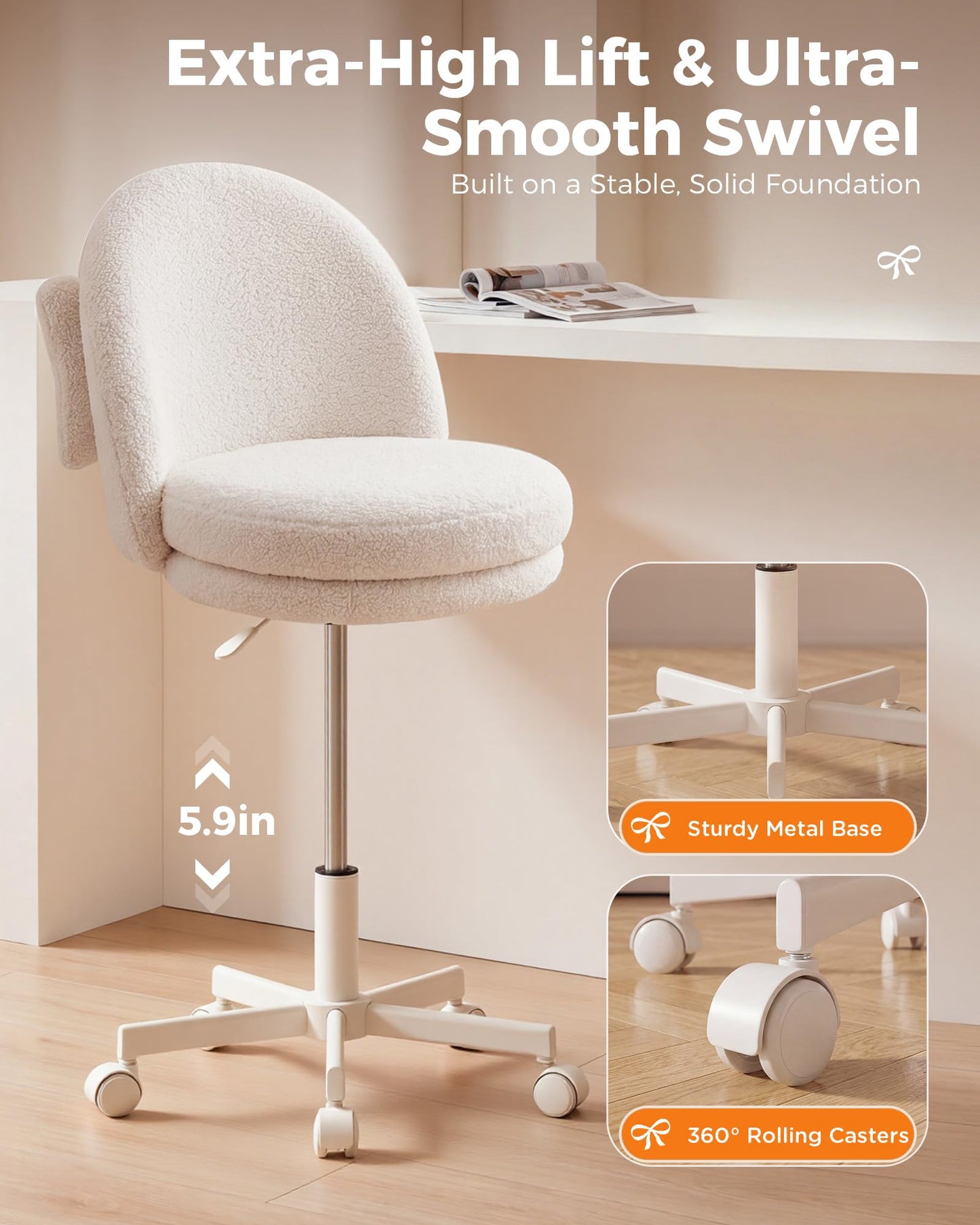 GTPLAYER Velvet Tall Office Chair with Wheels Vanity Chairs with Back, Versatile Height Use: Office to Bar Stools Small Ergonomic Comfy Armlees Computer Desk Chair with Bow Lumbar Pillow for Gift
