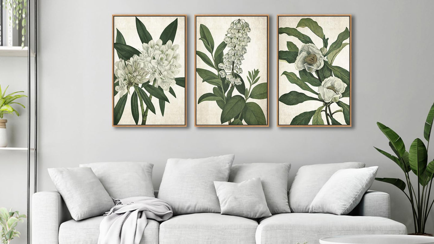 Large Framed Canvas Wall Art - Natural Float Framed White Flowers Green Leaves Pictures Decor Simple Botanical Plants Artwork for Living Room Bedroom Kitchen Home Office Decoration 48" X 24" Set of 3