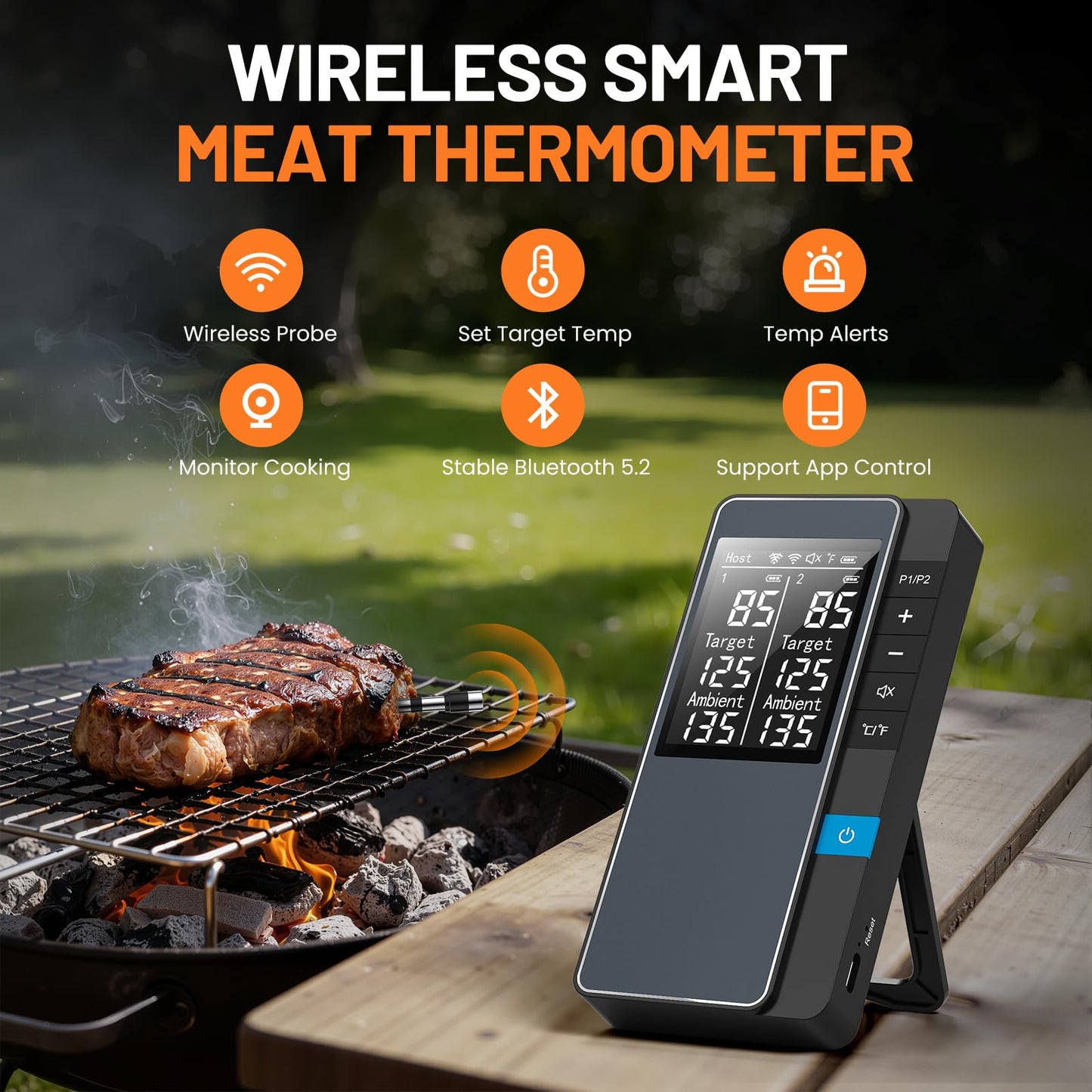 Smart Bluetooth Wireless Meat Thermometer, Real-Time Monitoring Control Digital Thermometer with Smart App, 2 Meat Probes IP67 Waterproof High Accuracy Perfect for BBQ, Oven, Grill & Smoker
