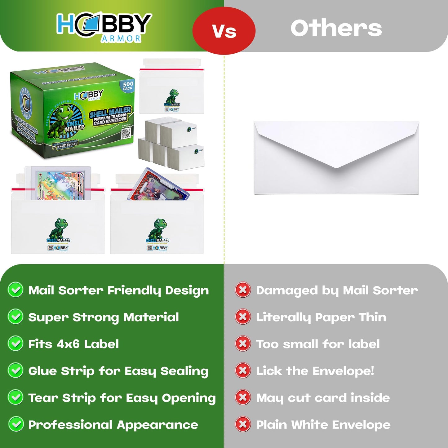 500 Pack Shell Mailer Trading Card Envelopes by Hobby Armor, 7" x 4.35" Trading Card Mailers for Shipping, Perfect Sized Shipping Envelope for Mailing Semi-Rigid and Toploaders, Protector Supplies
