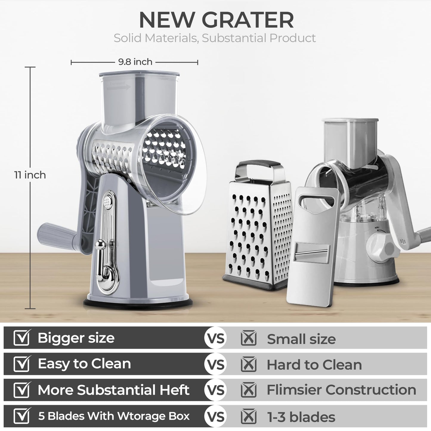 SUSTEAS Rotary Cheese Grater with Handle - Vegetable Shredder with 5 Well-designed Blades & Strong Suction Base,Round Mandoline Slicer & Food Chopper for Kitchen,with Blade Storage Box(Gray)