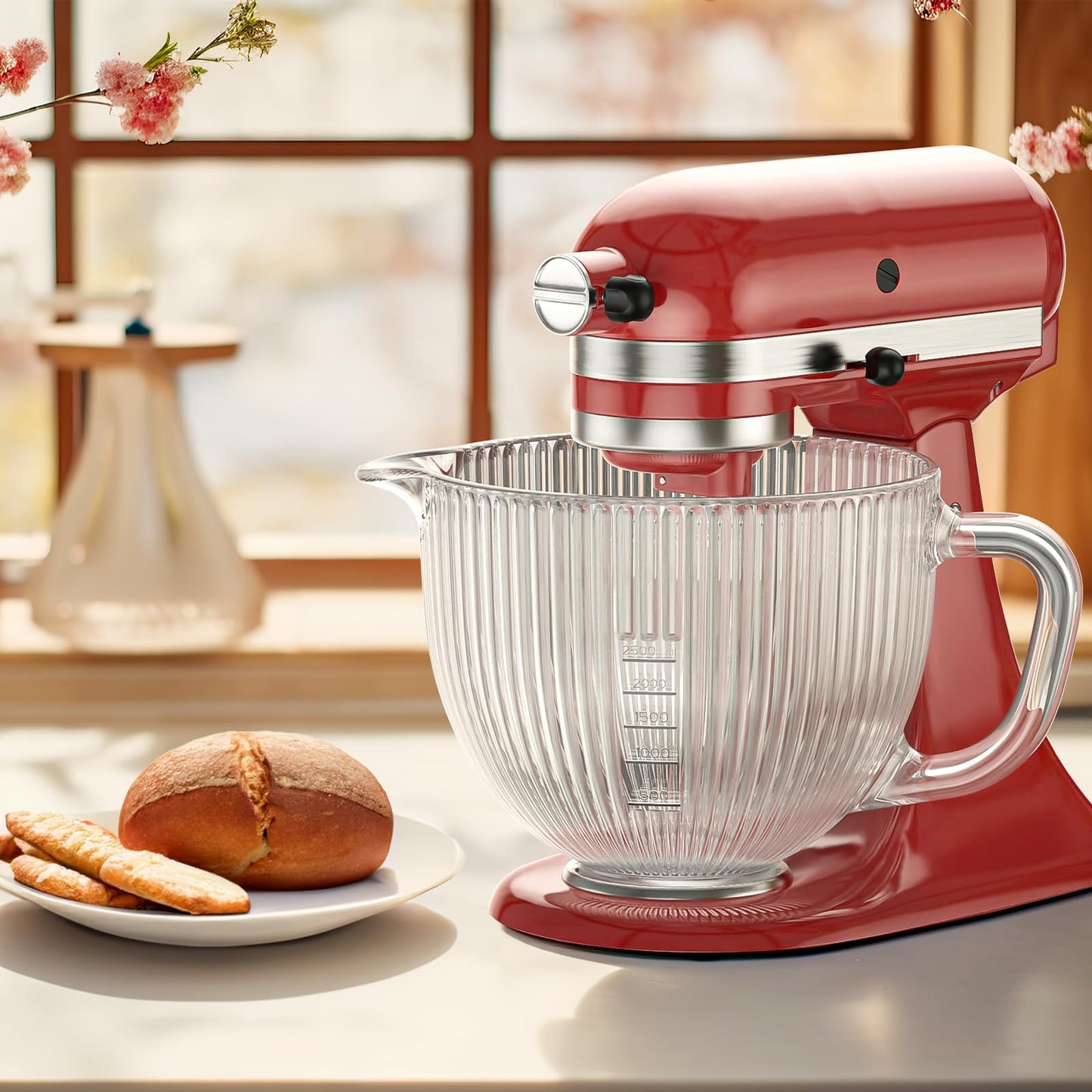 Glass Bowl for KitchenAid Mixer, 4.5-5 Quart Tilt-Head for KitchenAid Glass Mixer Bowl for Stand Mixer With Pour Spout and Measurement Markings, Dishwasher Safe