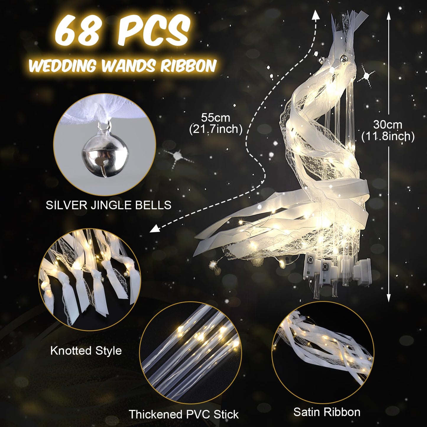 HONLYNE 68PCS Light up Wands for wedding, Wedding Wands Streamers with 3 Colorful Flashing Modes, Fairy Wands, LED Silk Fairy Wand with Bells for Wedding, New Year, Thanksgiving, Concert