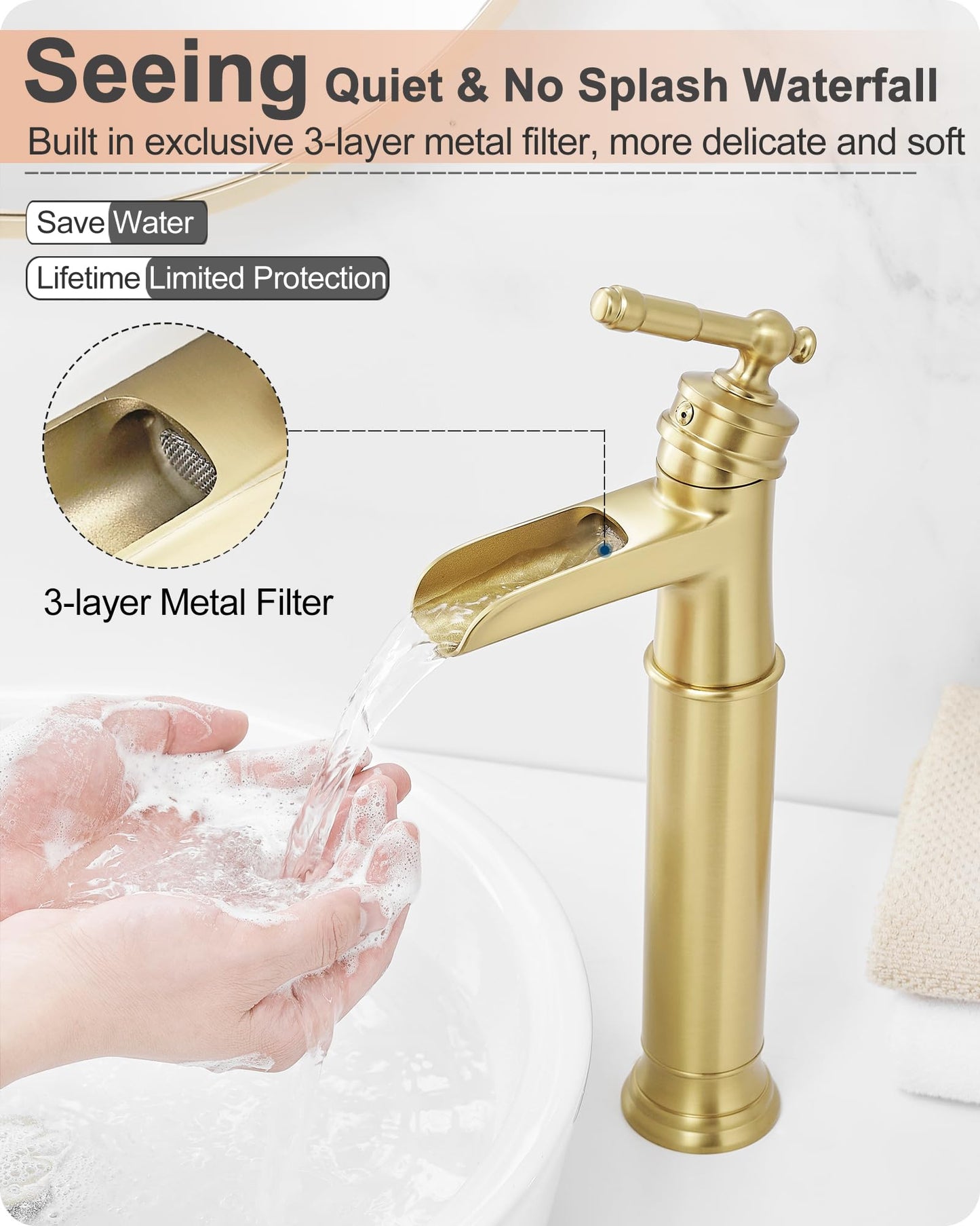HOIGY Gold Vessel Sink Faucet, Brass Waterfall Tall Faucet for Bathroom Sink 1 Hole with Single Handle, Pop-up Drain & cUPC Water Hoses for Antique Bowl Basin Save Water