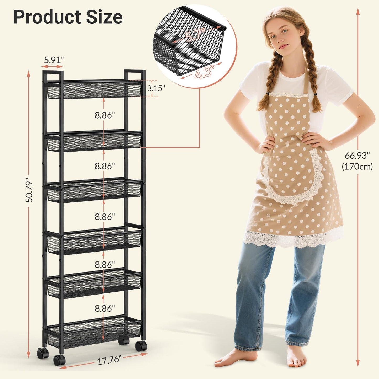 ThreeHio 6 Tier Slim Storage Cart, Narrow Cart with Wheels, Metal Mobile Shelving Unit Organizer for Kitchen, Bathroom, Laundry Room, Living Room & Narrow Spaces, Black, 6in(W)