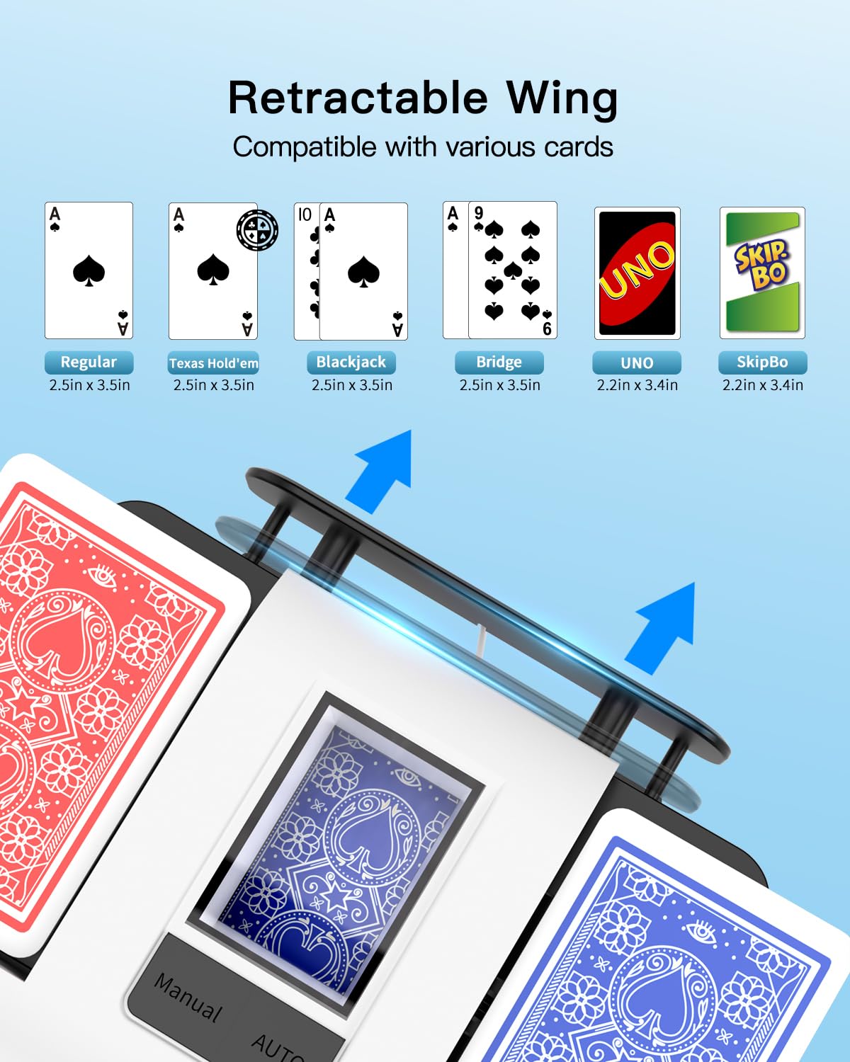 Automatic Card Shuffler, Rechargeable Cards Shuffler Machine with AUTO & Manual Mode, 1-2 Decks Low Noise Electric Shuffling for Poker, UNO, Texas, Blackjack, Skip-Bo, Bridge, Phase 10 -White