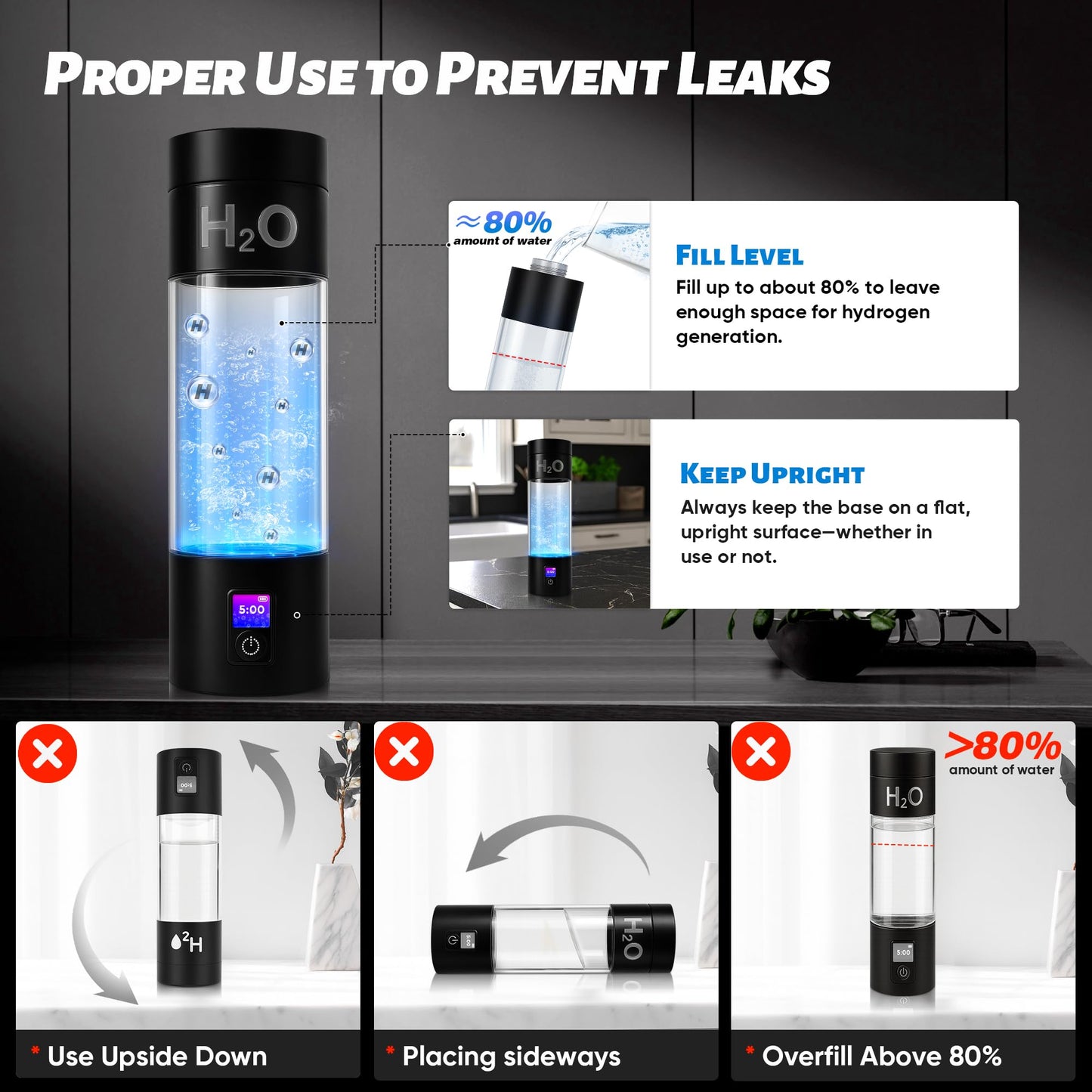 TzzToiT Hydrogen Water Bottle Generator - 6000PPB High Concentration, SPE PEM Tech, Portable 9Oz Hydrogen Water Ionizer, Rechargeable Rapid Hydrogen Boost, Travel Friendly with Bottle Adapter, Black
